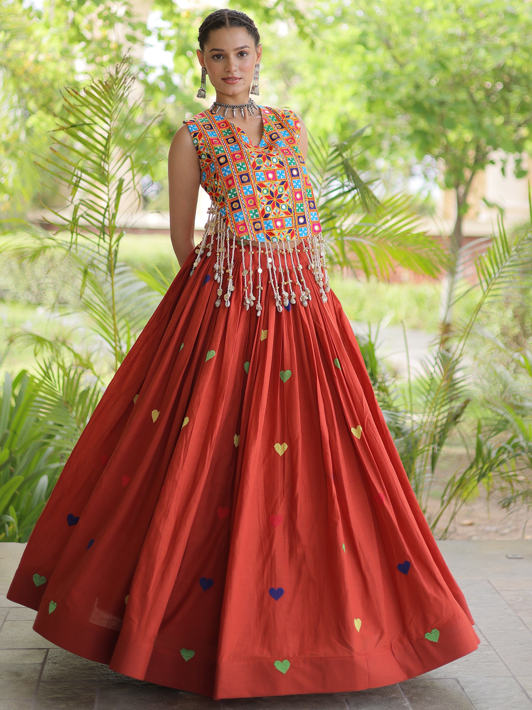 Superb Rust Orange Embroidered Cotton Navratri Special Lehenga Choli