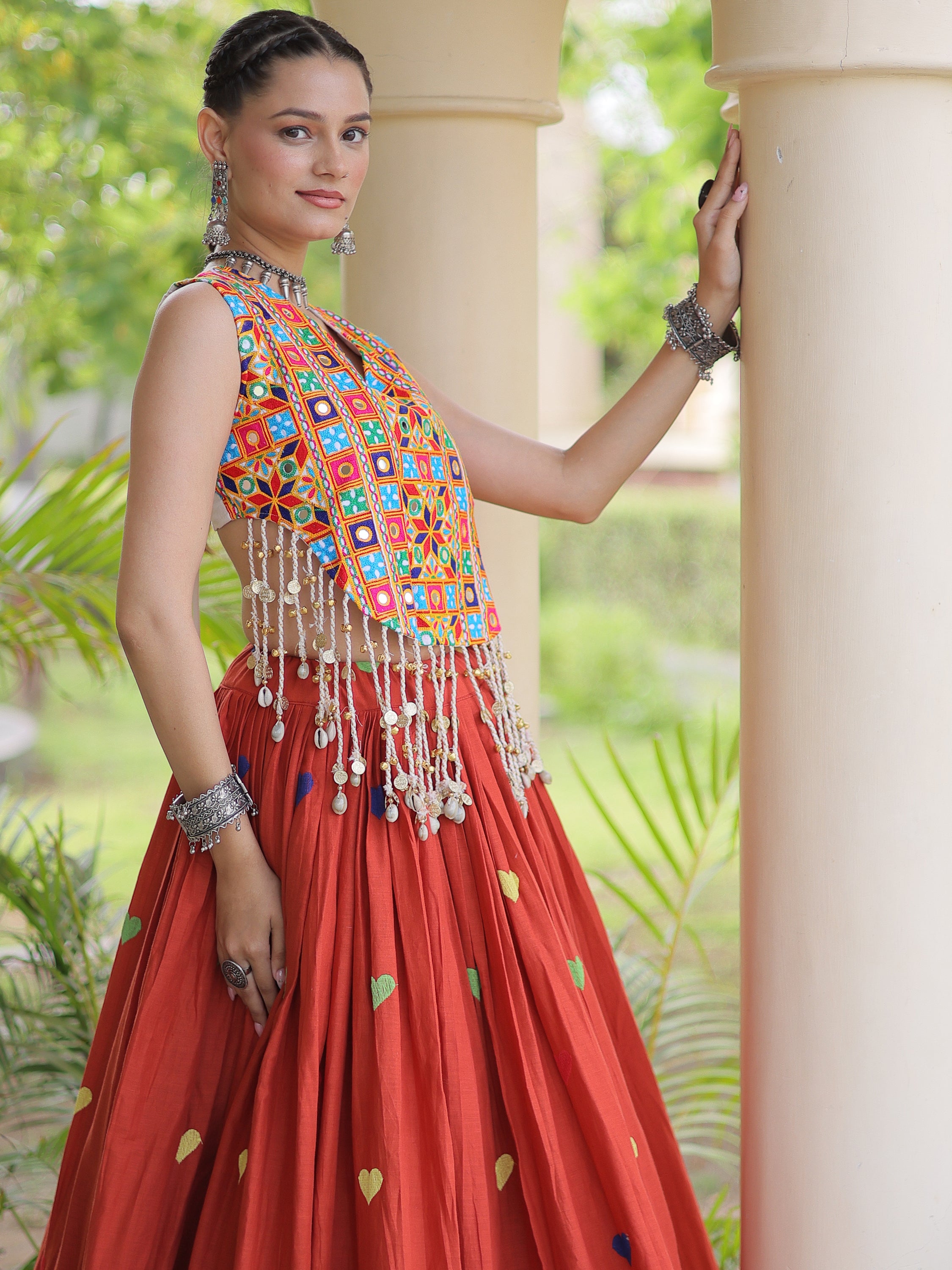 Superb Rust Orange Embroidered Cotton Navratri Special Lehenga Choli