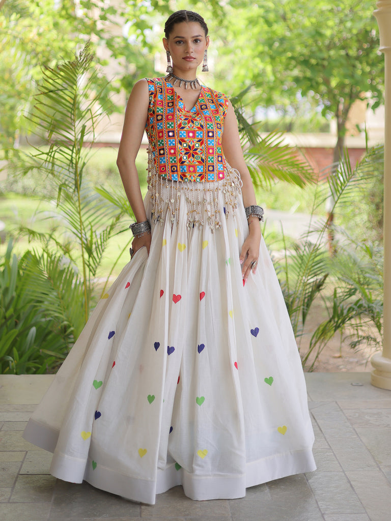 Magnetic White Thread Embroidered Cotton Navratri Wear Lehenga Choli