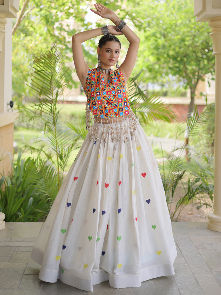 Magnetic White Thread Embroidered Cotton Navratri Wear Lehenga Choli