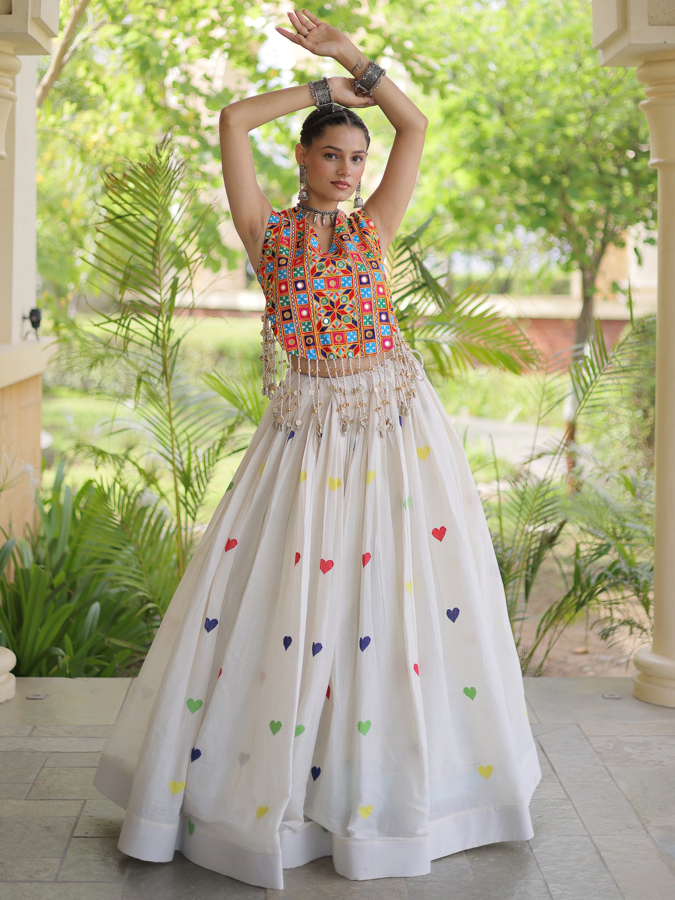Magnetic White Thread Embroidered Cotton Navratri Wear Lehenga Choli