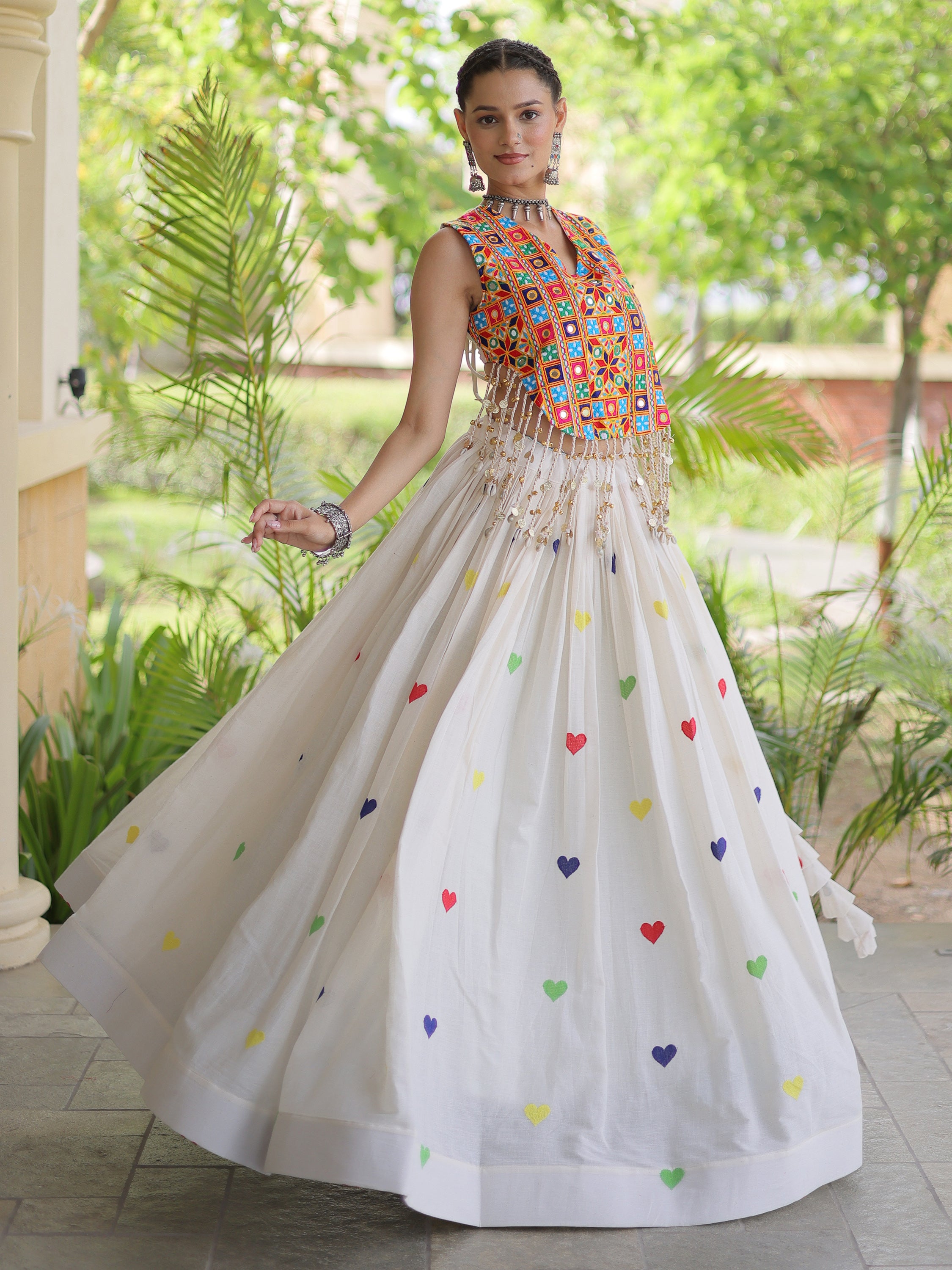Magnetic White Thread Embroidered Cotton Navratri Wear Lehenga Choli