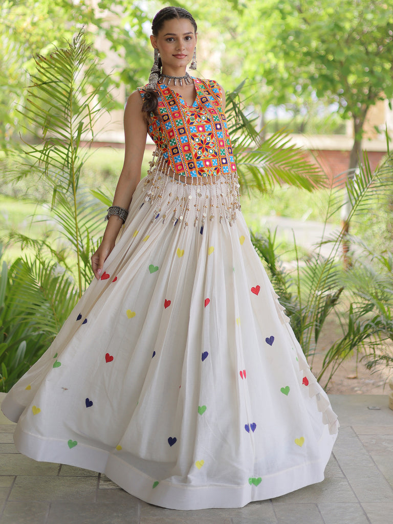 Magnetic White Thread Embroidered Cotton Navratri Wear Lehenga Choli
