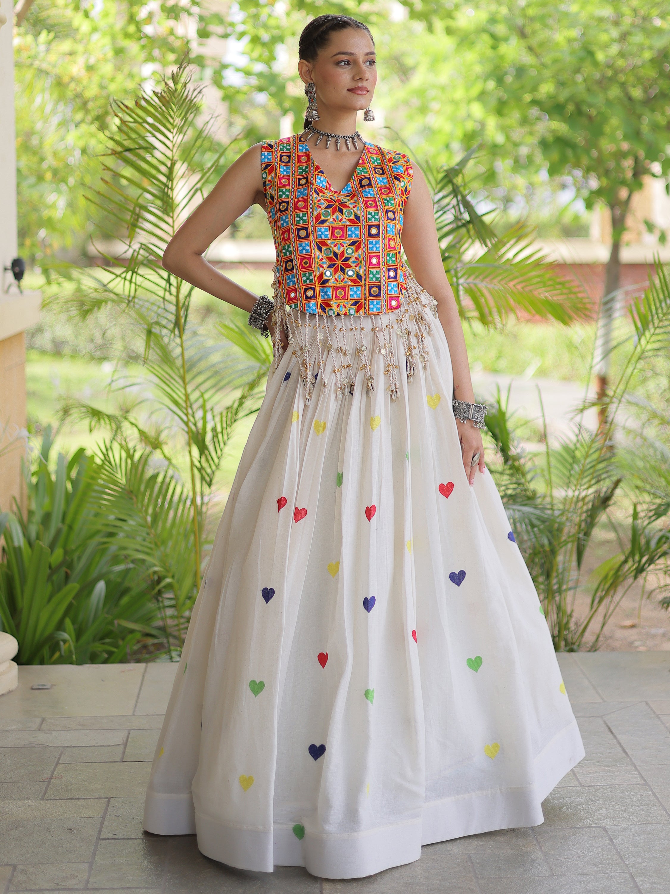 Magnetic White Thread Embroidered Cotton Navratri Wear Lehenga Choli