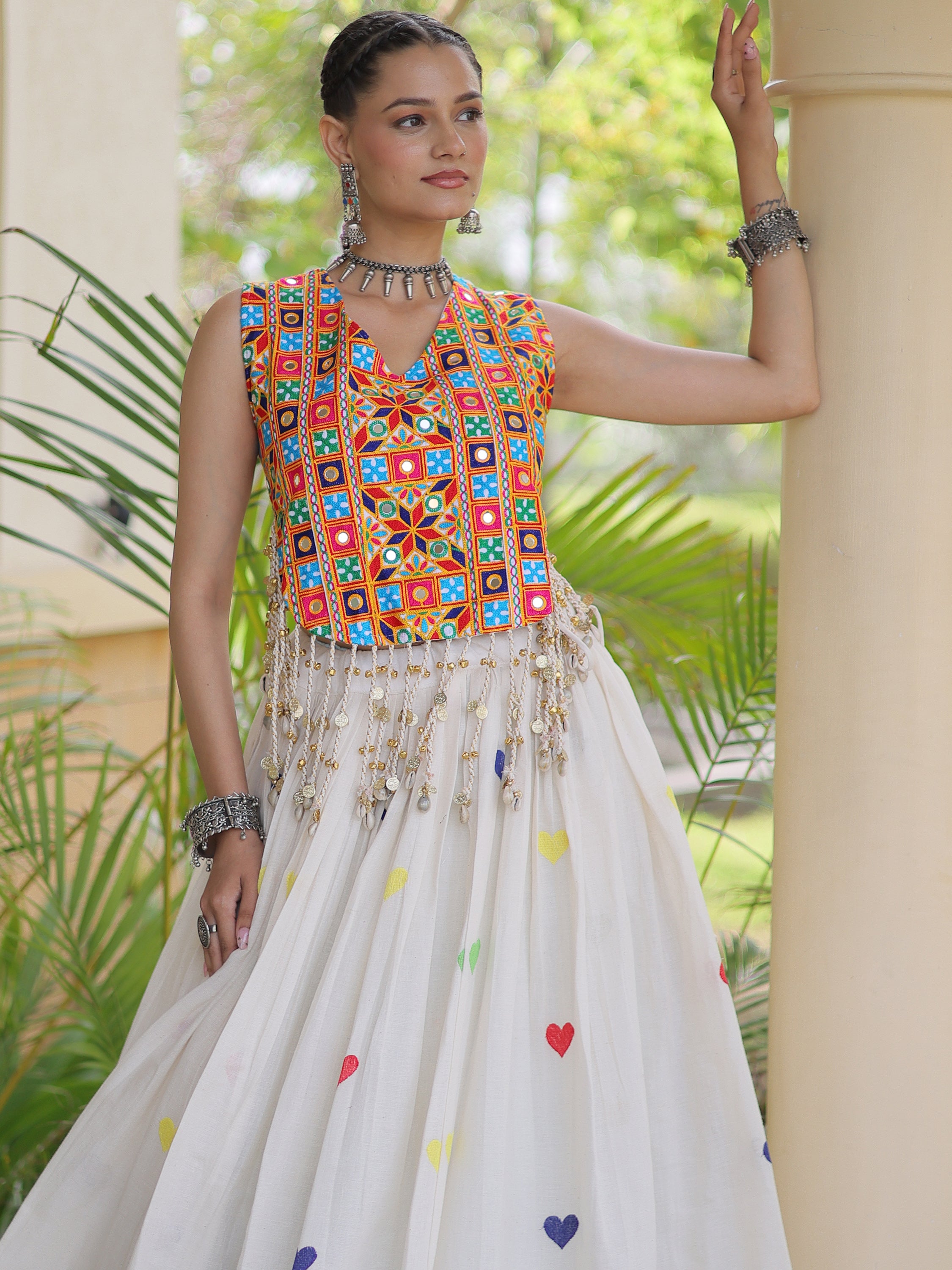 Magnetic White Thread Embroidered Cotton Navratri Wear Lehenga Choli