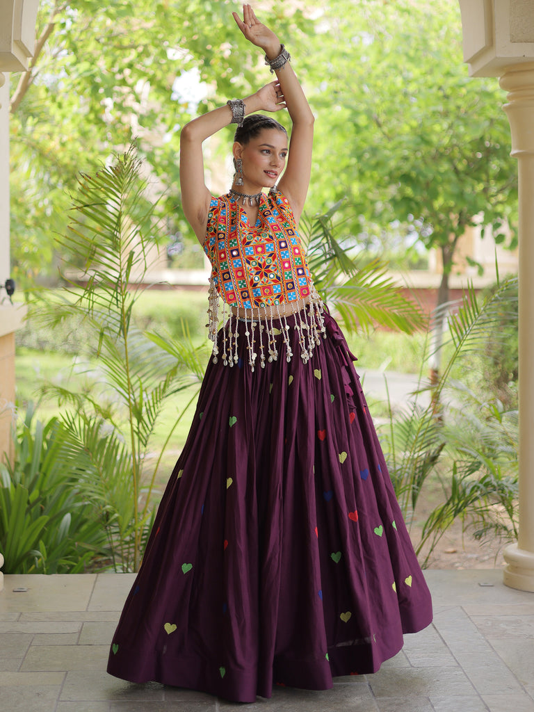 Fantastic Wine Mirror Work Cotton Navratri Special Lehenga Choli