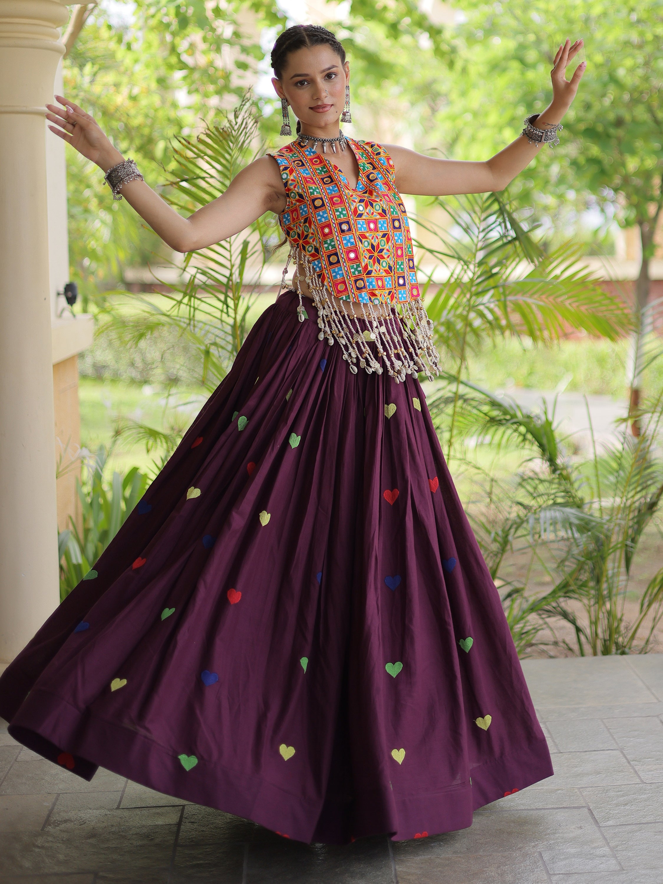 Fantastic Wine Mirror Work Cotton Navratri Special Lehenga Choli