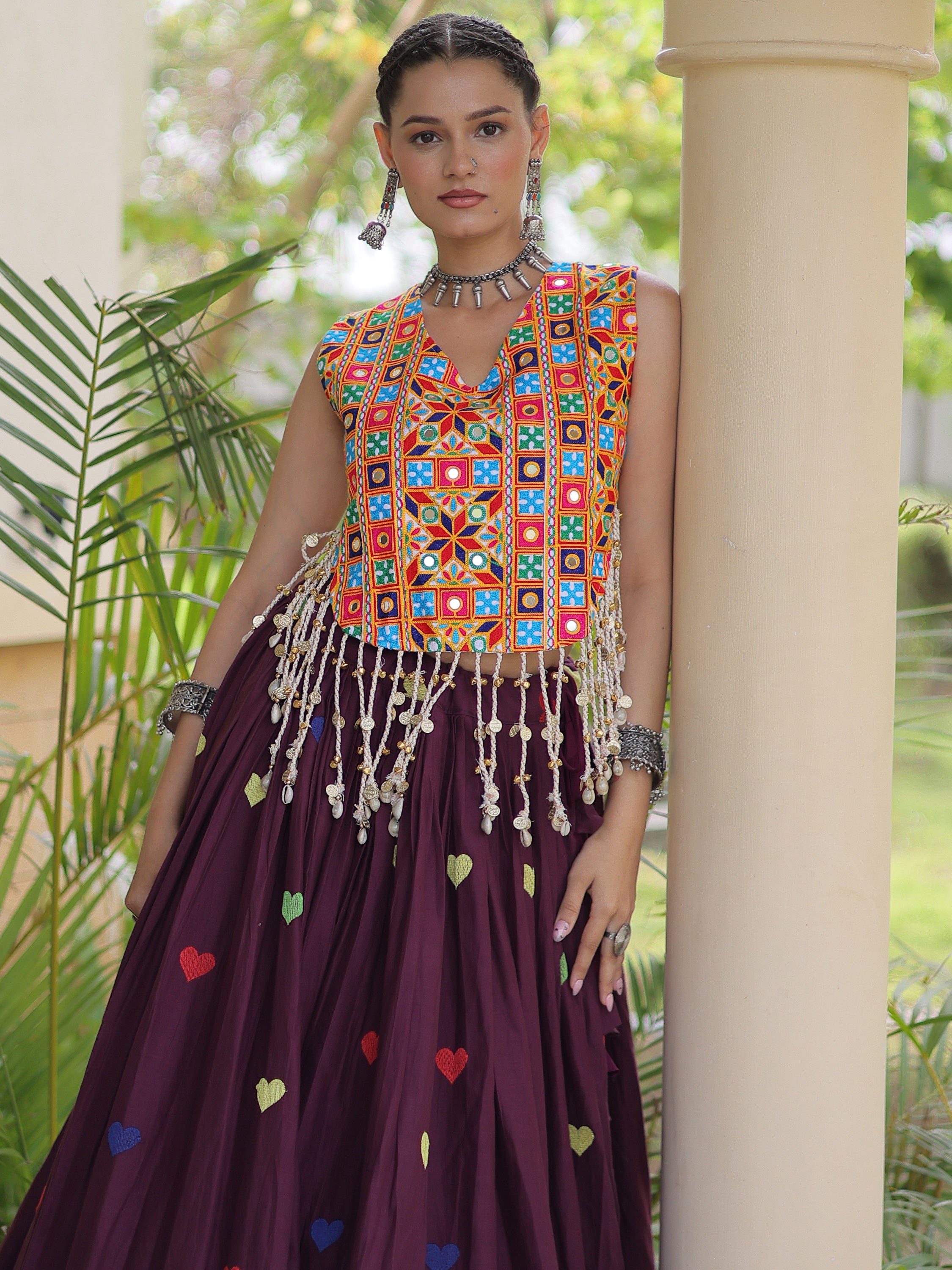 Fantastic Wine Mirror Work Cotton Navratri Special Lehenga Choli