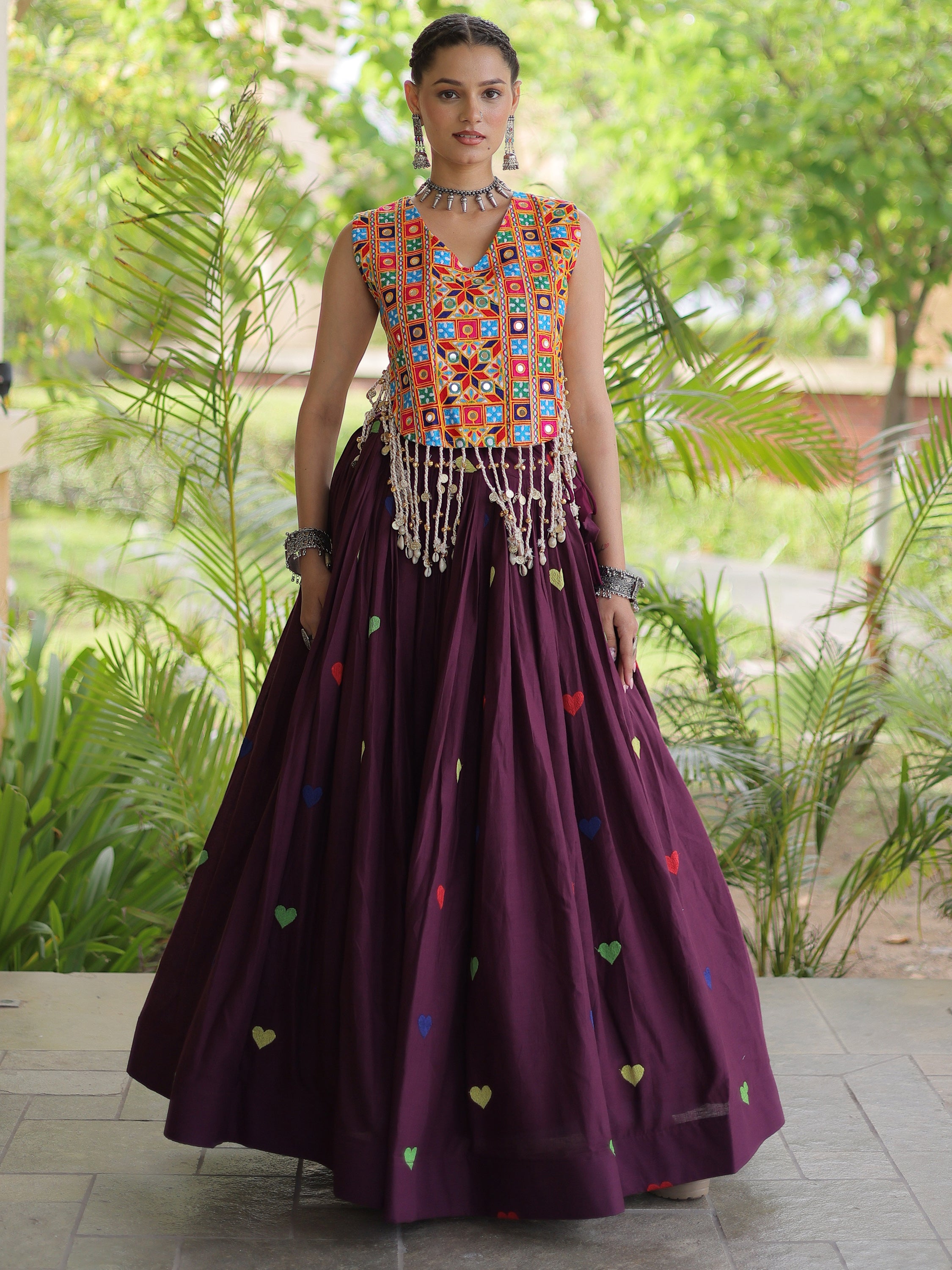 Fantastic Wine Mirror Work Cotton Navratri Special Lehenga Choli