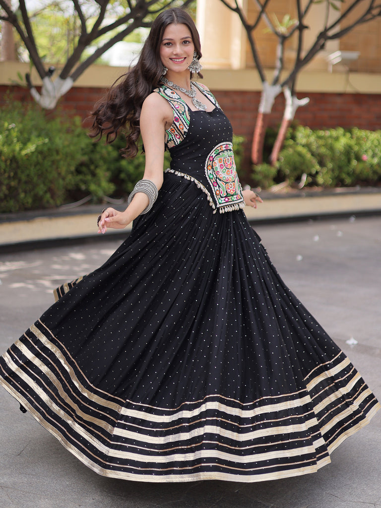 Outstanding Black Laced Rayon Navratri Wear Lehenga Choli
