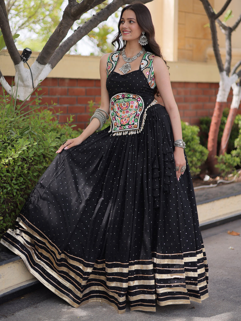 Outstanding Black Laced Rayon Navratri Wear Lehenga Choli