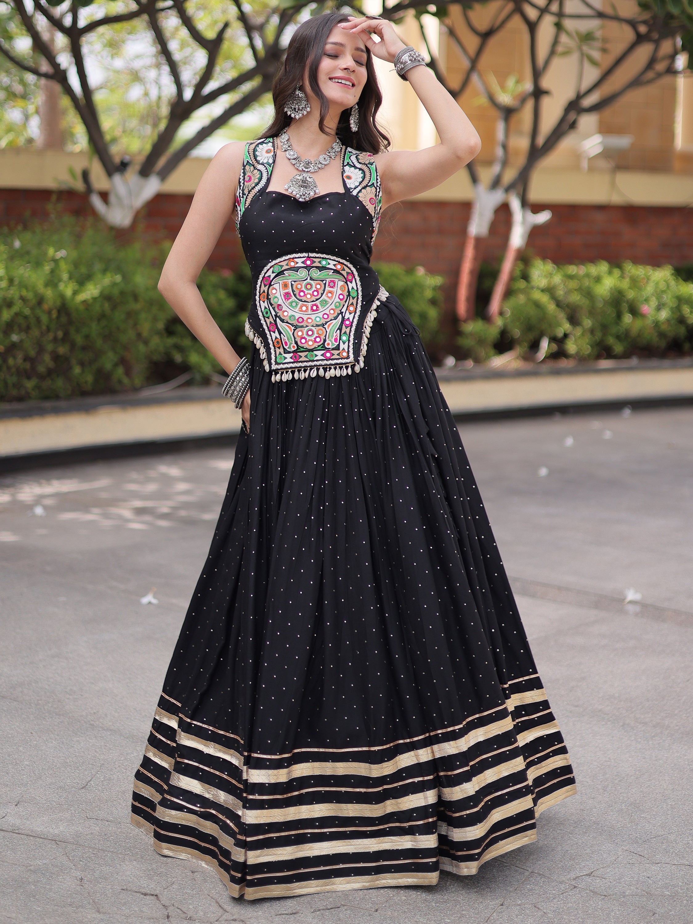 Outstanding Black Laced Rayon Navratri Wear Lehenga Choli