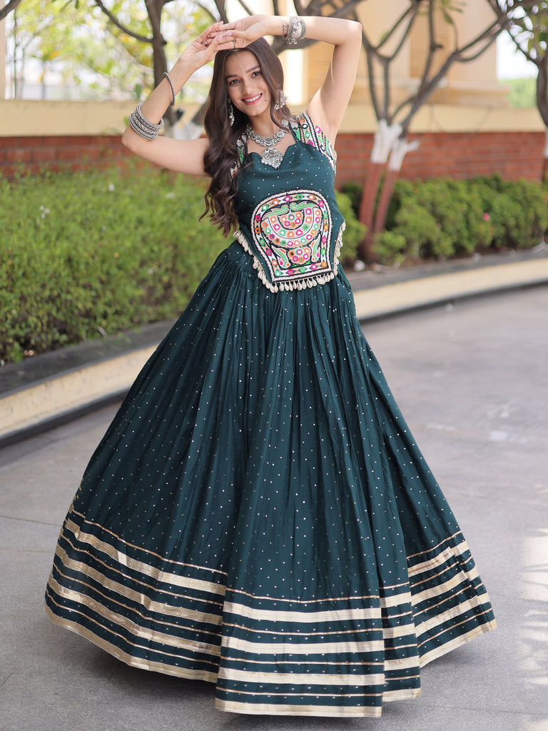 Fabulous Bottle Green Navratri Wear Lehenga With Gamthi Work Choli