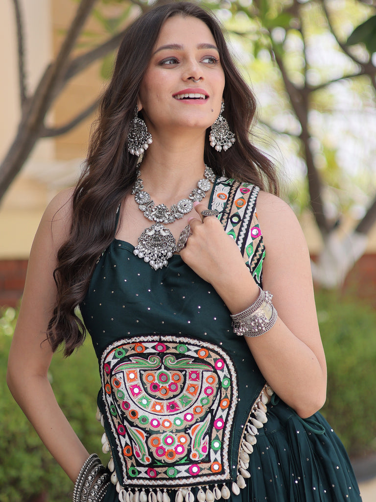 Fabulous Bottle Green Navratri Wear Lehenga With Gamthi Work Choli
