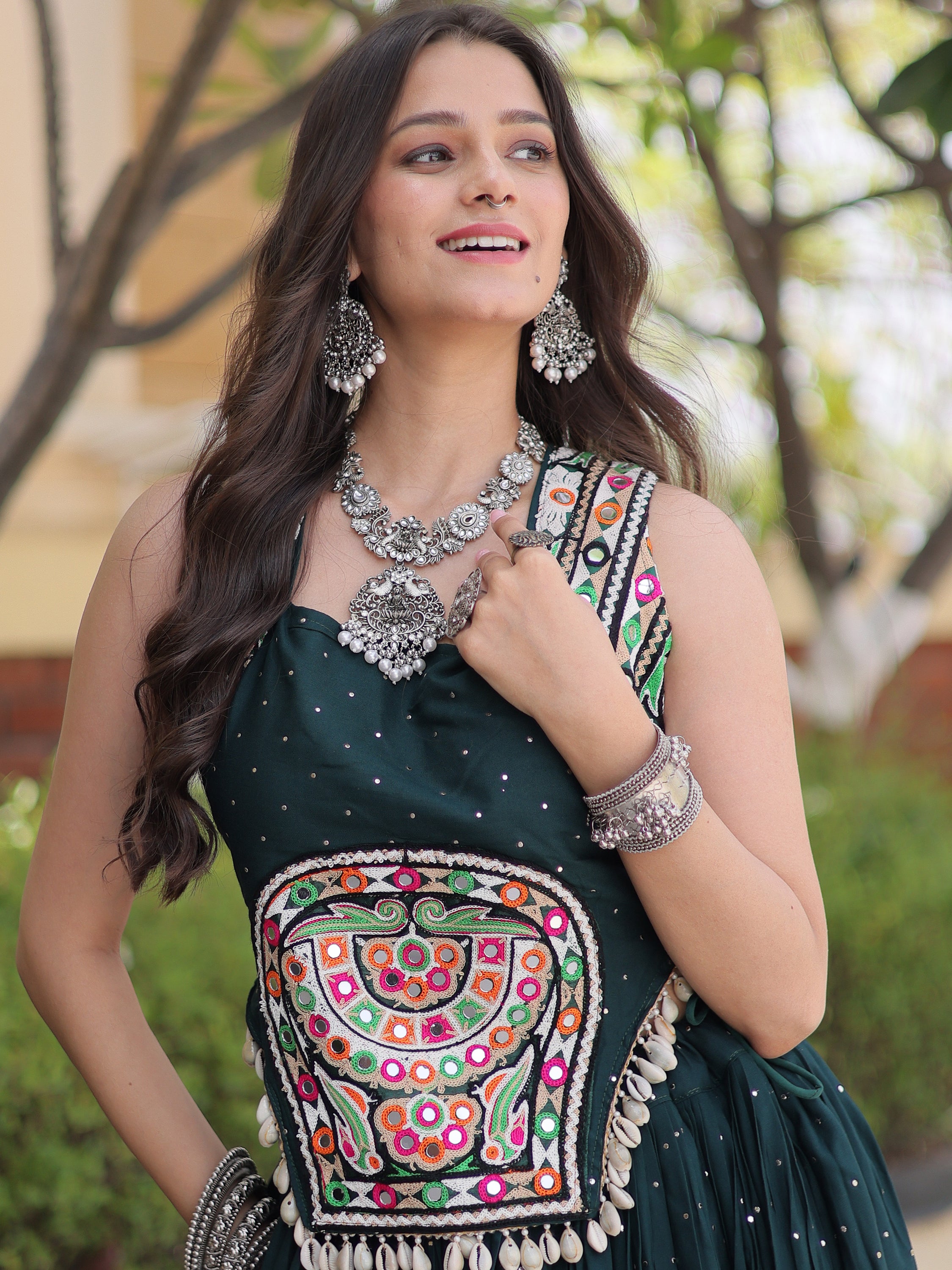 Fabulous Bottle Green Navratri Wear Lehenga With Gamthi Work Choli