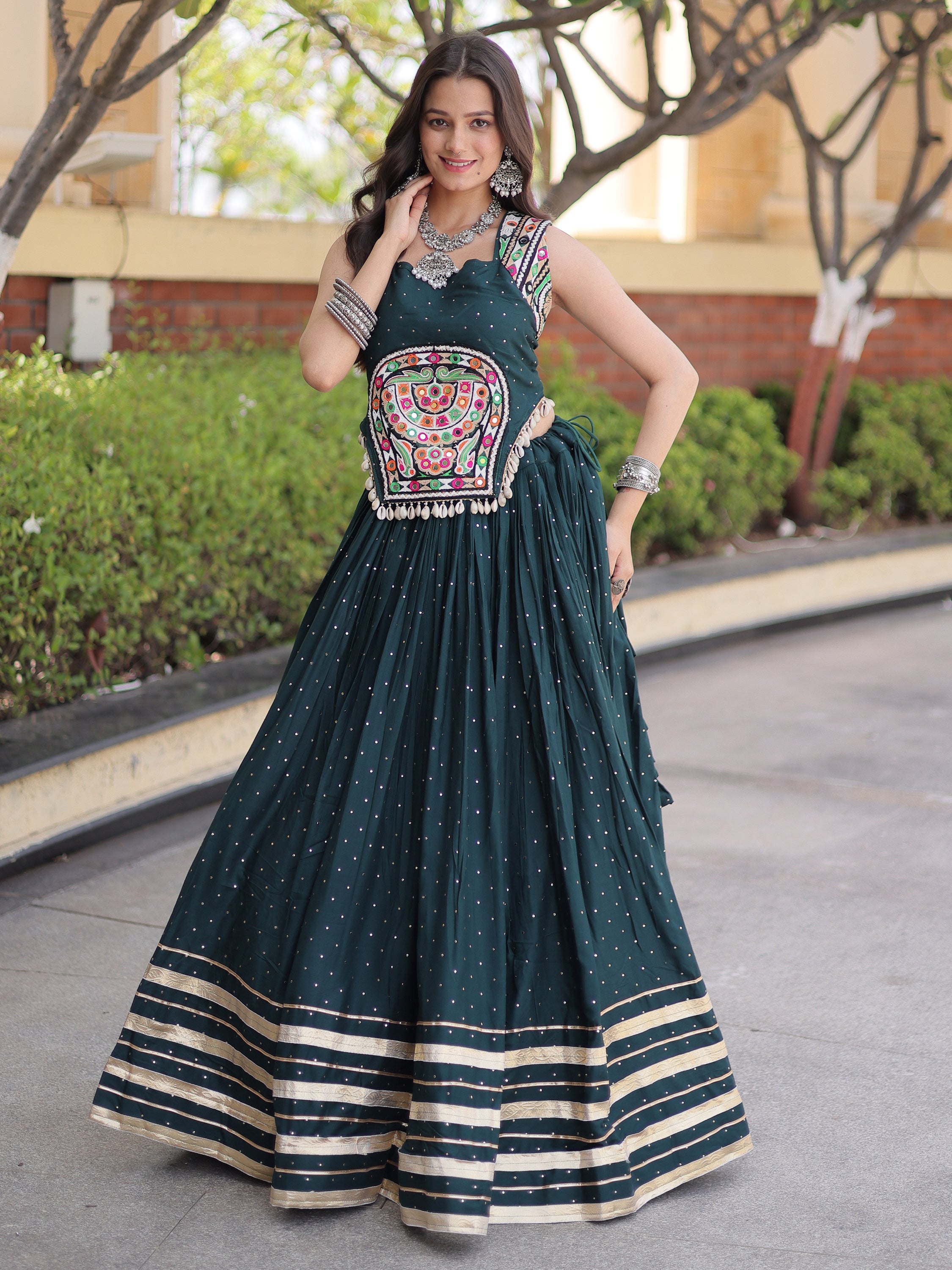 Fabulous Bottle Green Navratri Wear Lehenga With Gamthi Work Choli