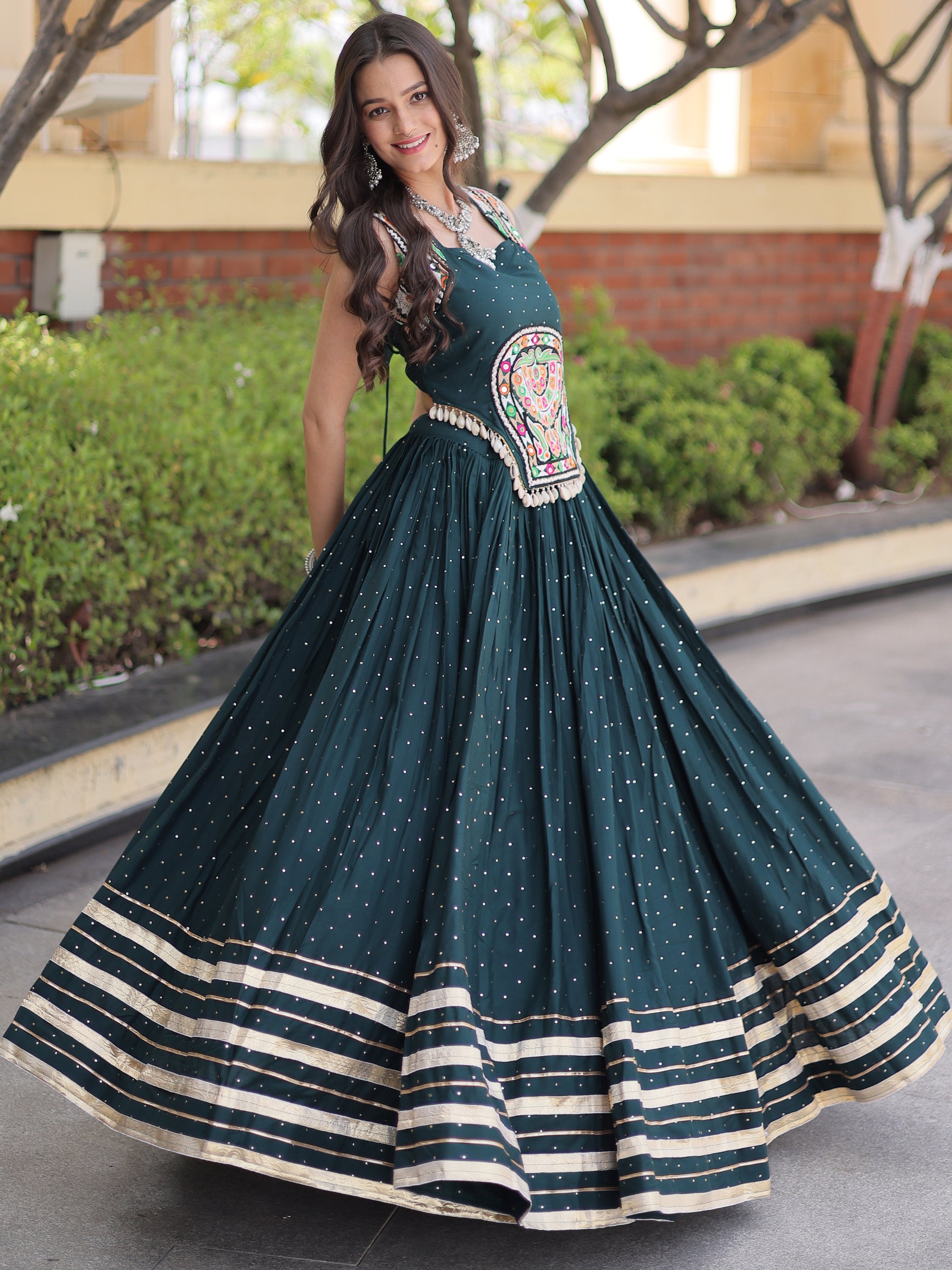 Fabulous Bottle Green Navratri Wear Lehenga With Gamthi Work Choli
