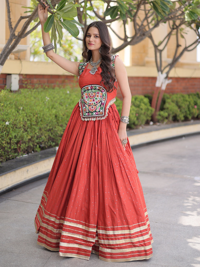 Stunning Rust Orange Laced Navratri Special Lehenga With Choli