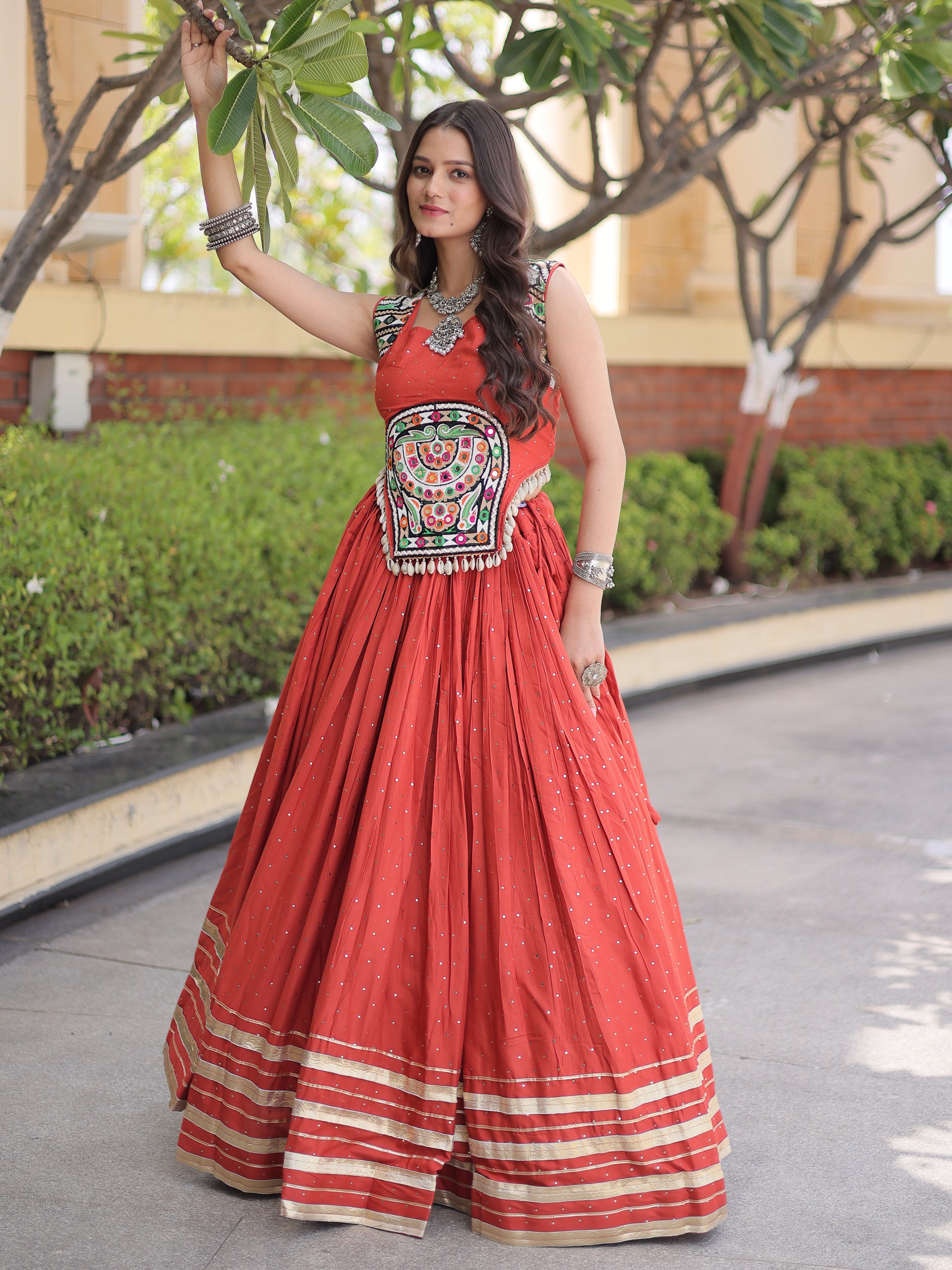 Stunning Rust Orange Laced Navratri Special Lehenga With Choli