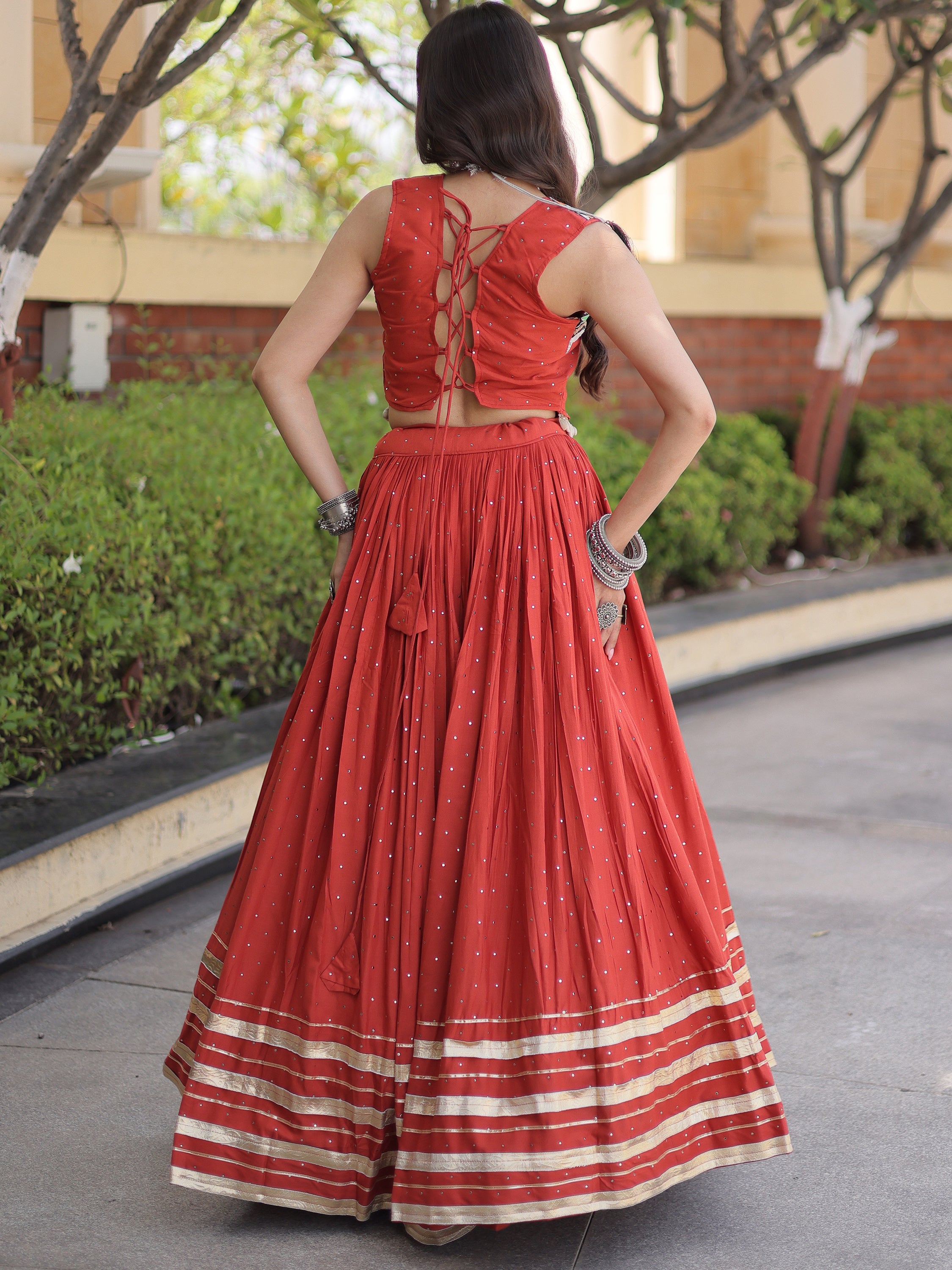 Stunning Rust Orange Laced Navratri Special Lehenga With Choli