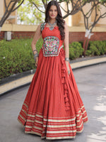 Stunning Rust Orange Laced Rayon Navratri Special Lehenga With Choli
