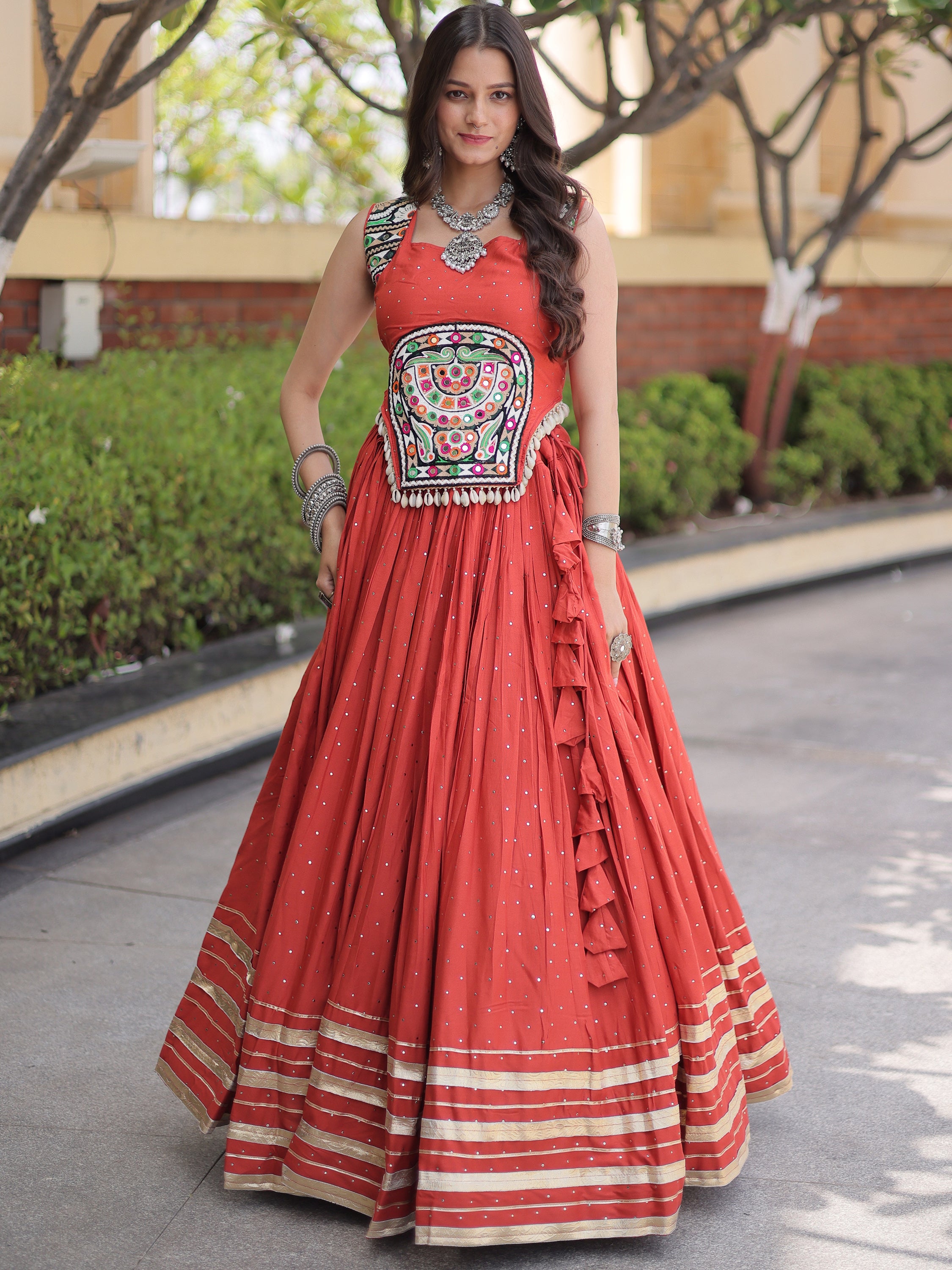 Stunning Rust Orange Laced Navratri Special Lehenga With Choli