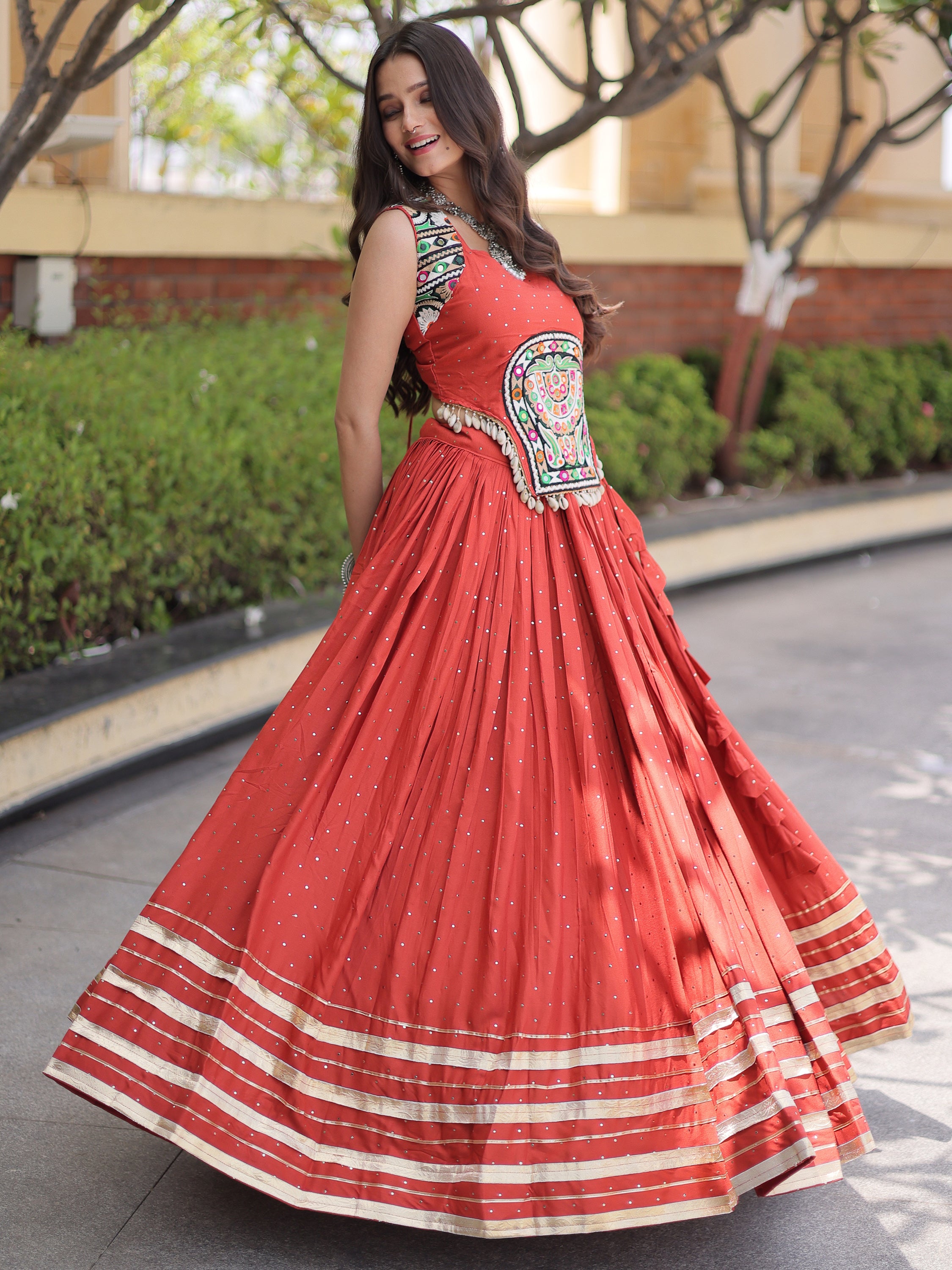 Stunning Rust Orange Laced Navratri Special Lehenga With Choli