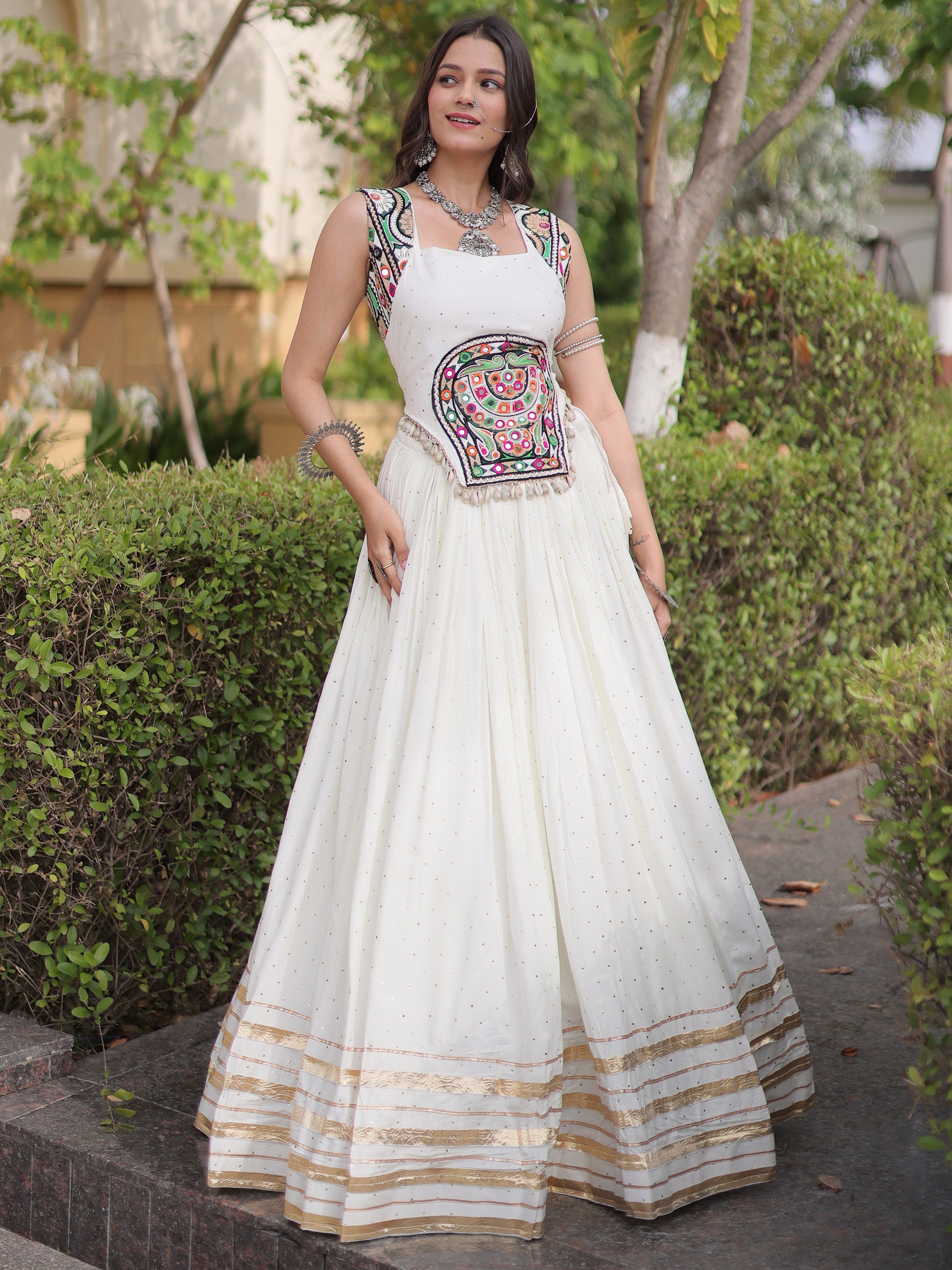 Attractive White Navratri Special Lehenga With Gamthi Work Choli