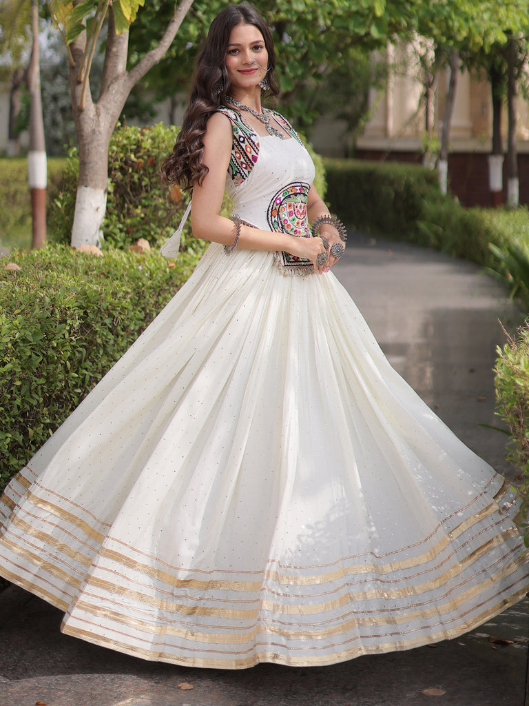 Attractive White Navratri Special Lehenga With Gamthi Work Choli