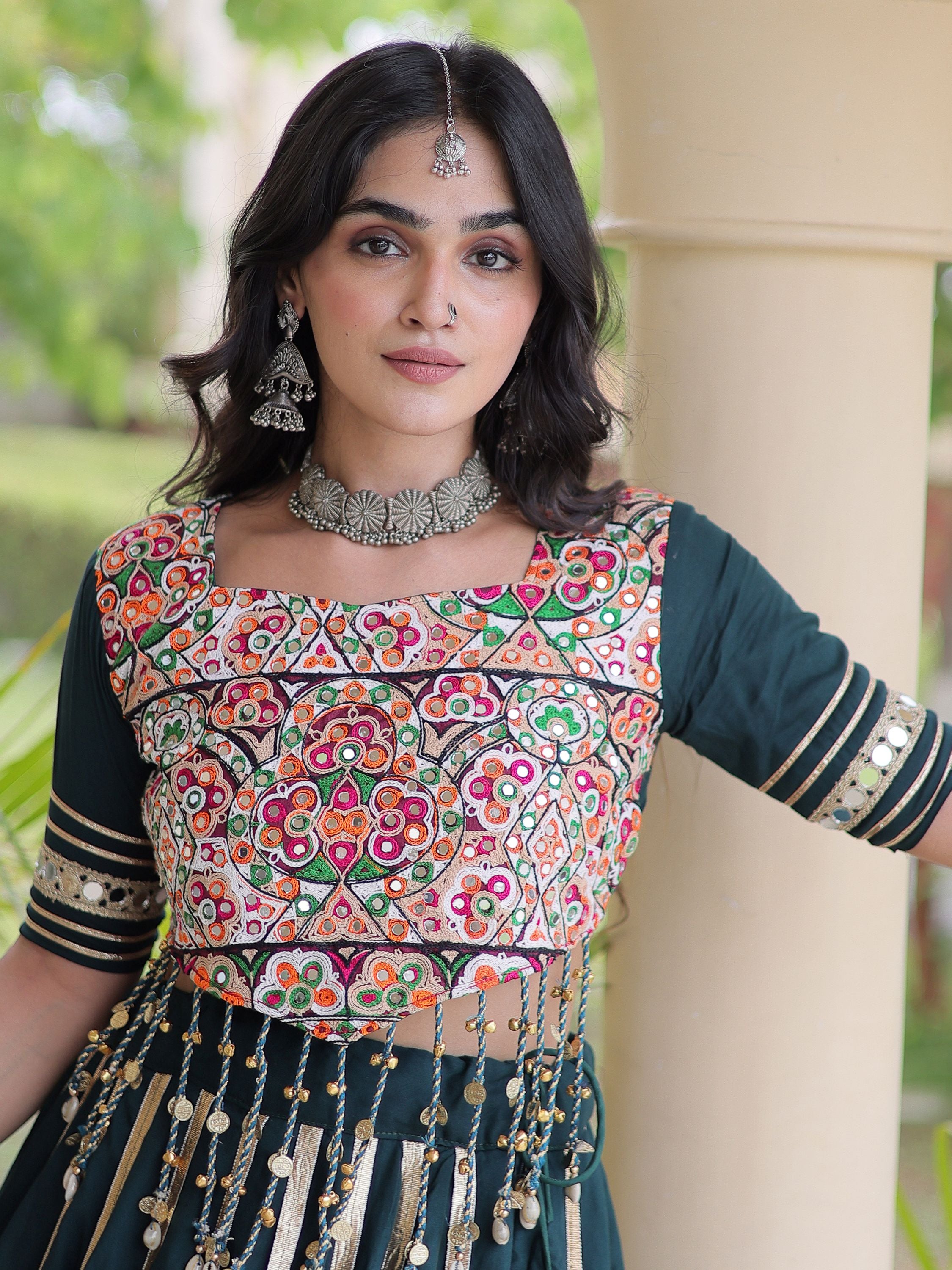 Fascinating Teal Green Gamthi Work Rayon Navratri Wear Lehenga Choli