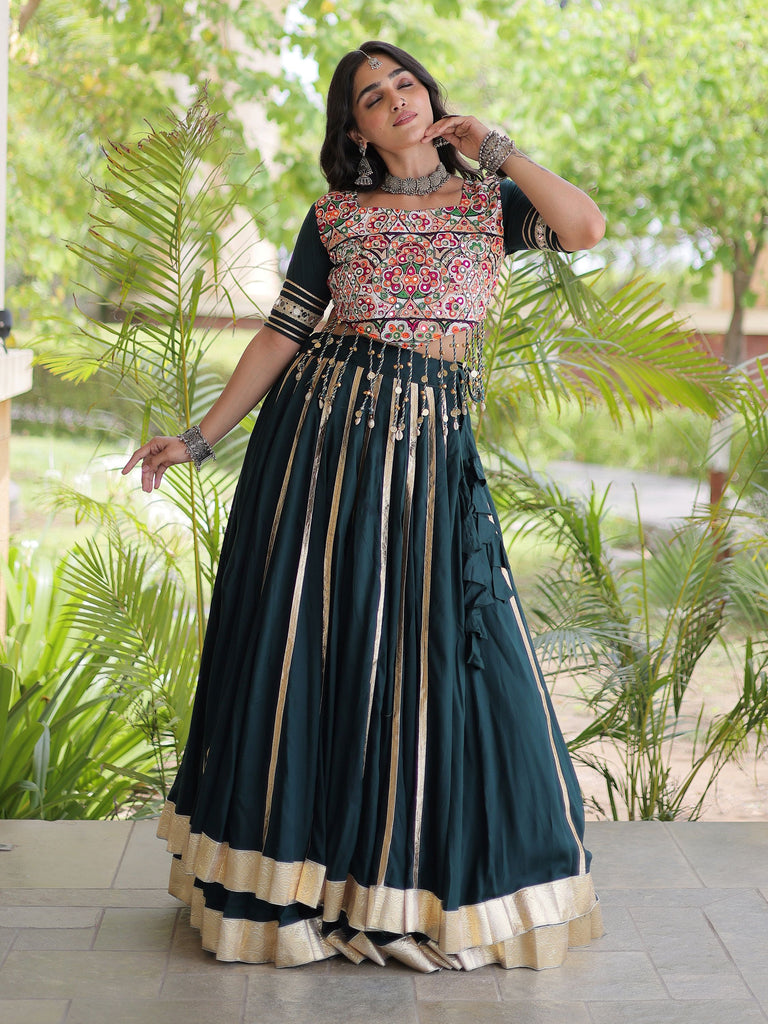 Fascinating Teal Green Gamthi Work Rayon Navratri Wear Lehenga Choli