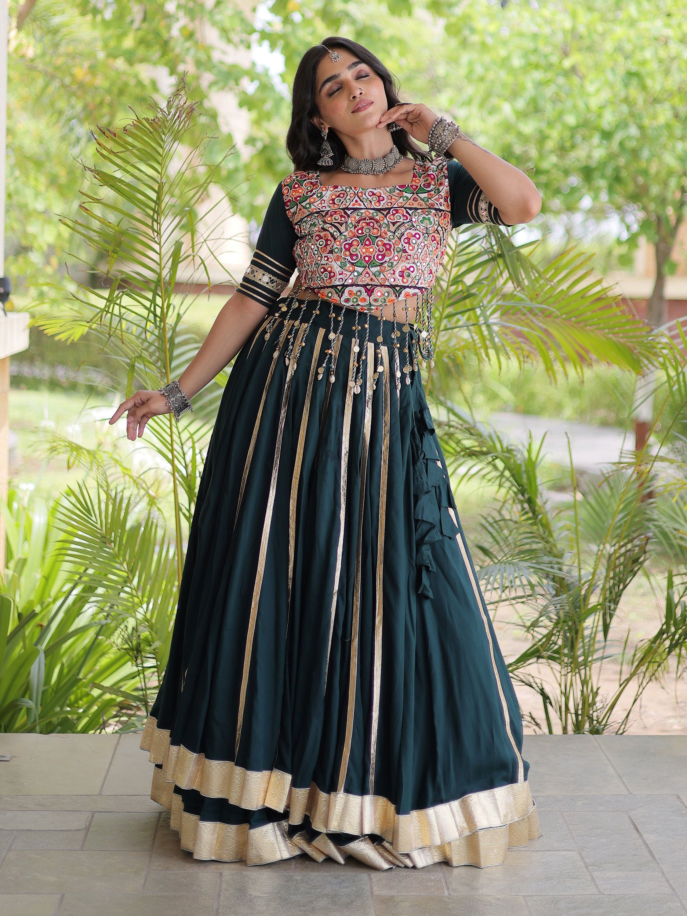 Fascinating Teal Green Gamthi Work Rayon Navratri Wear Lehenga Choli
