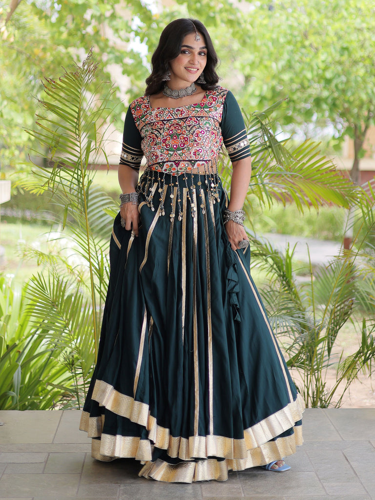 Fascinating Teal Green Gamthi Work Rayon Navratri Wear Lehenga Choli