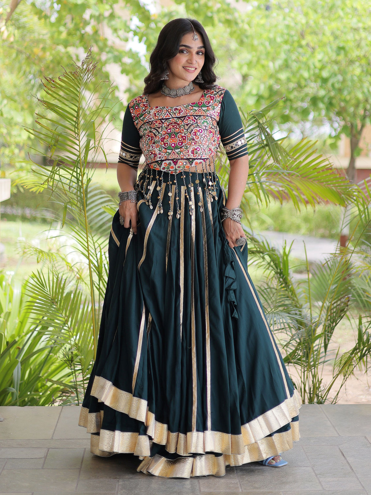 Fascinating Teal Green Gamthi Work Rayon Navratri Wear Lehenga Choli