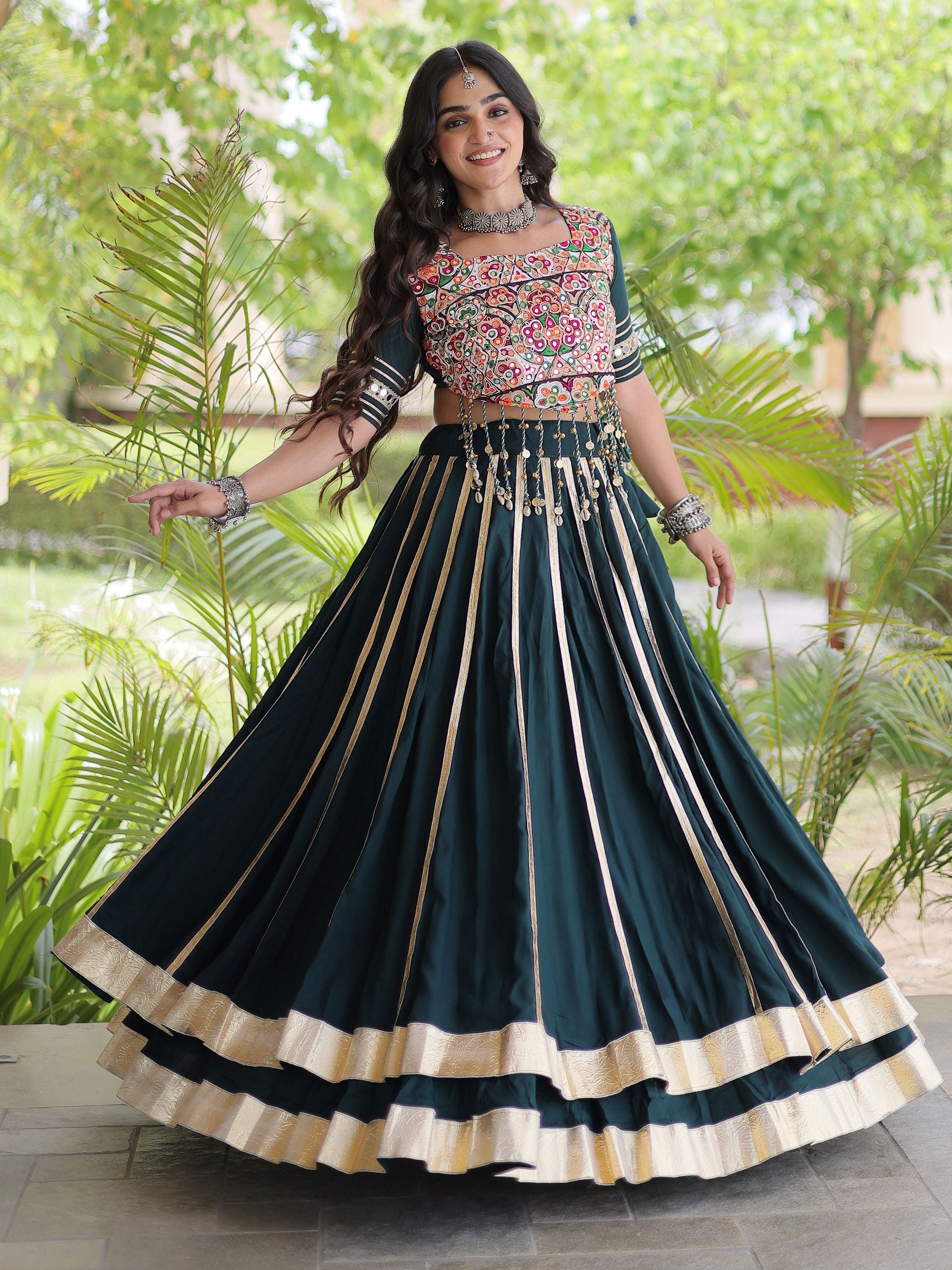 Fascinating Teal Green Gamthi Work Rayon Navratri Wear Lehenga Choli