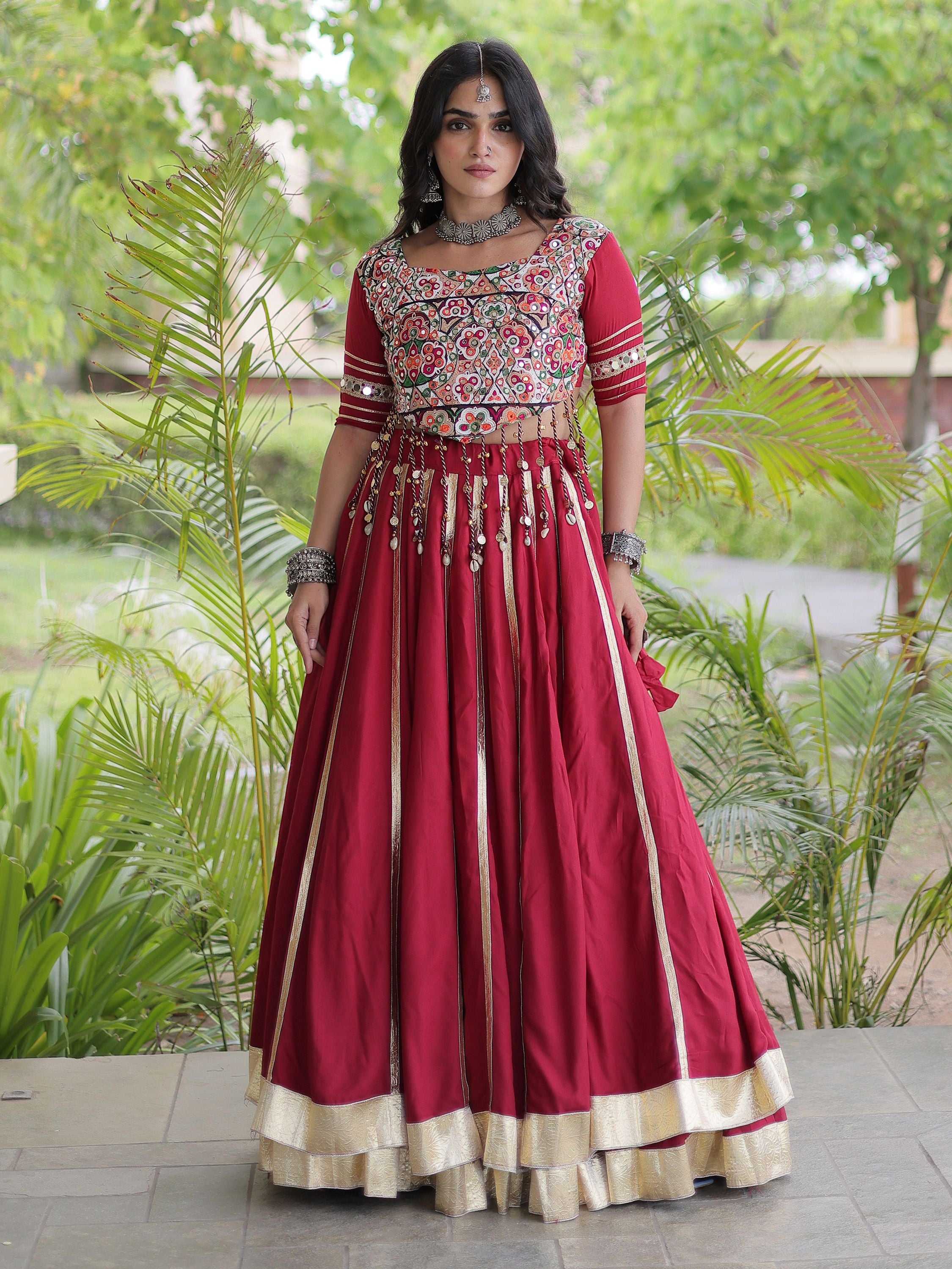 Glowing Maroon Gamthi Embroidered Rayon Navratri Wear Lehenga Choli