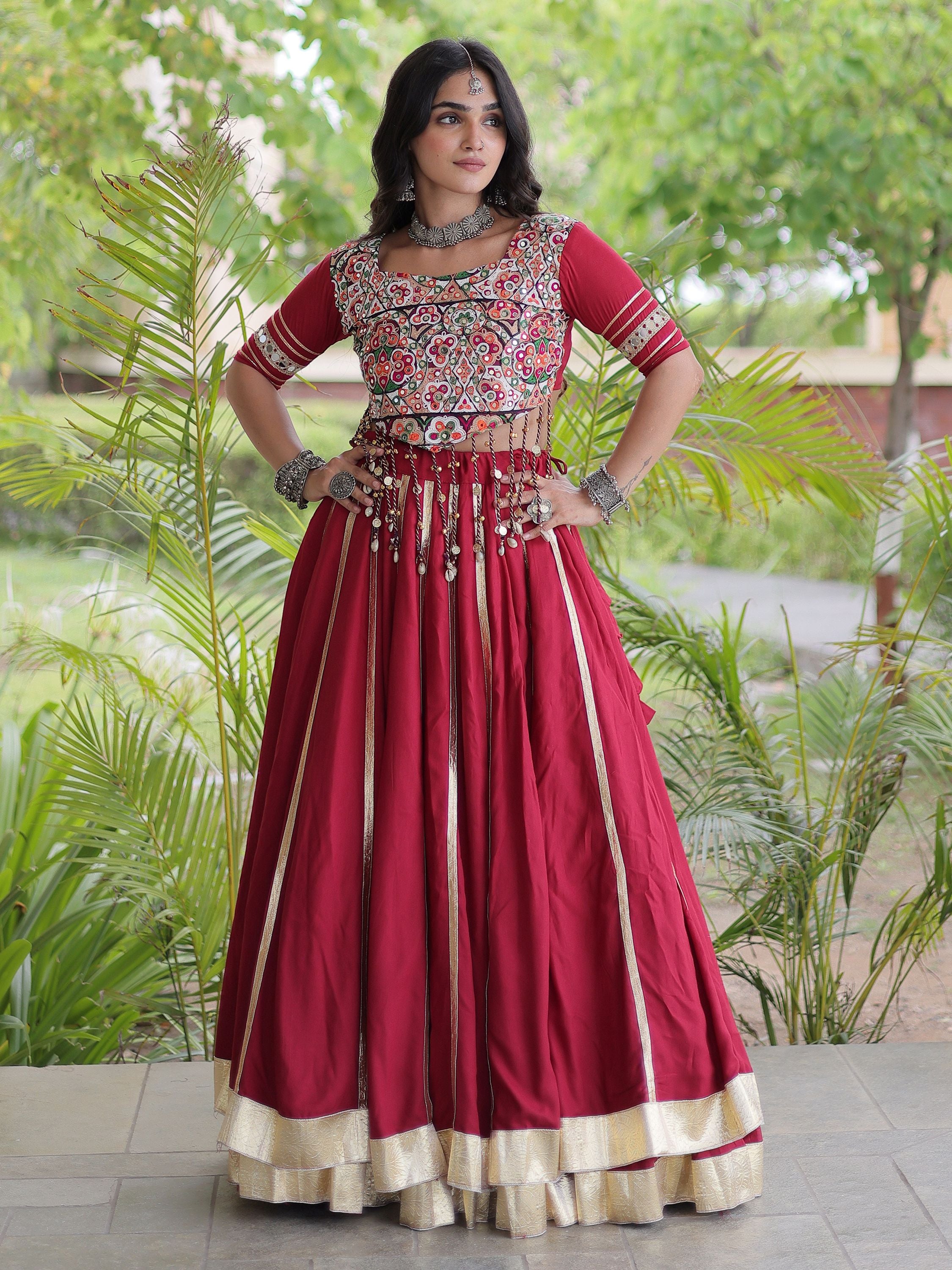 Glowing Maroon Gamthi Embroidered Rayon Navratri Wear Lehenga Choli