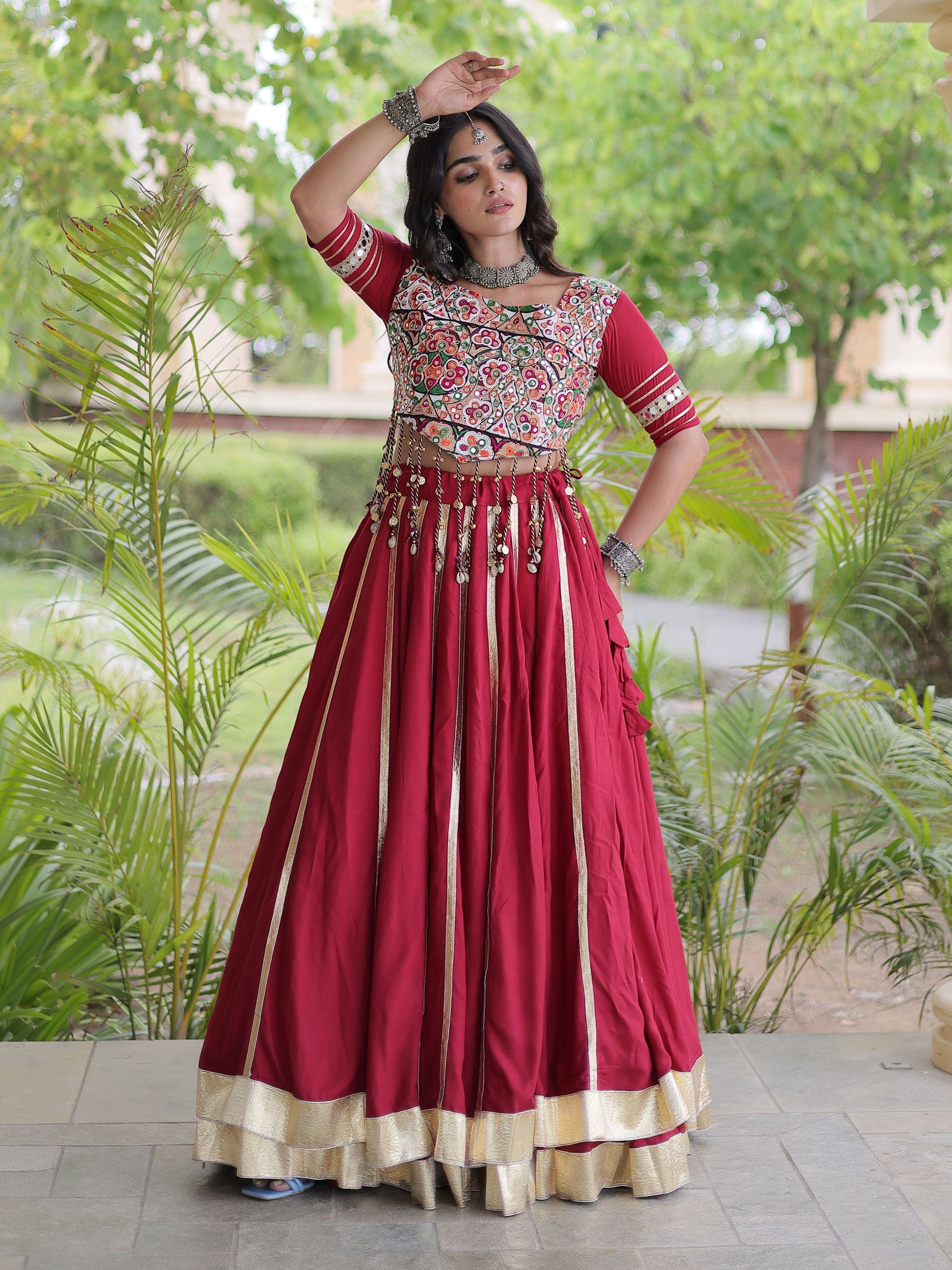 Glowing Maroon Gamthi Embroidered Rayon Navratri Wear Lehenga Choli