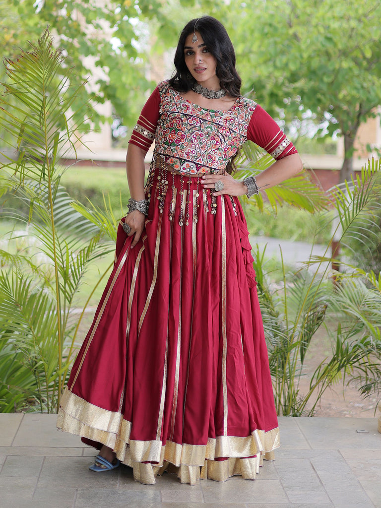 Glowing Maroon Gamthi Embroidered Rayon Navratri Wear Lehenga Choli