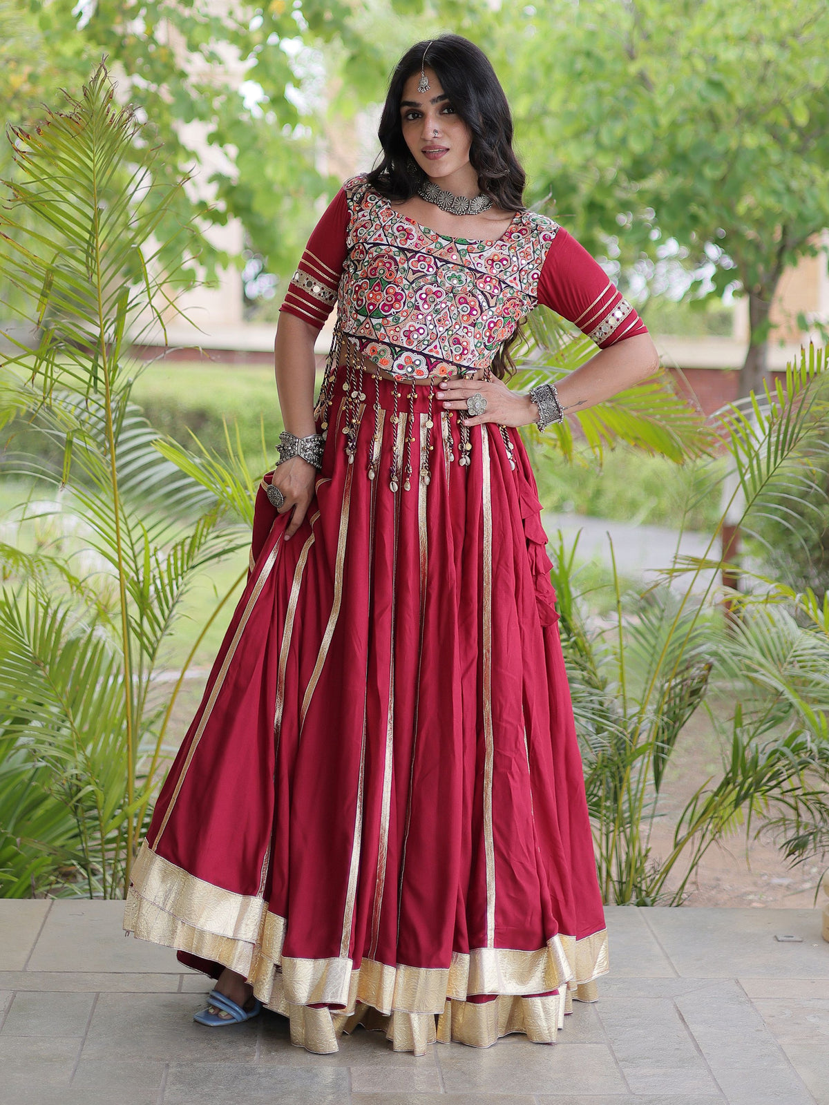 Glowing Maroon Gamthi Embroidered Rayon Navratri Wear Lehenga Choli