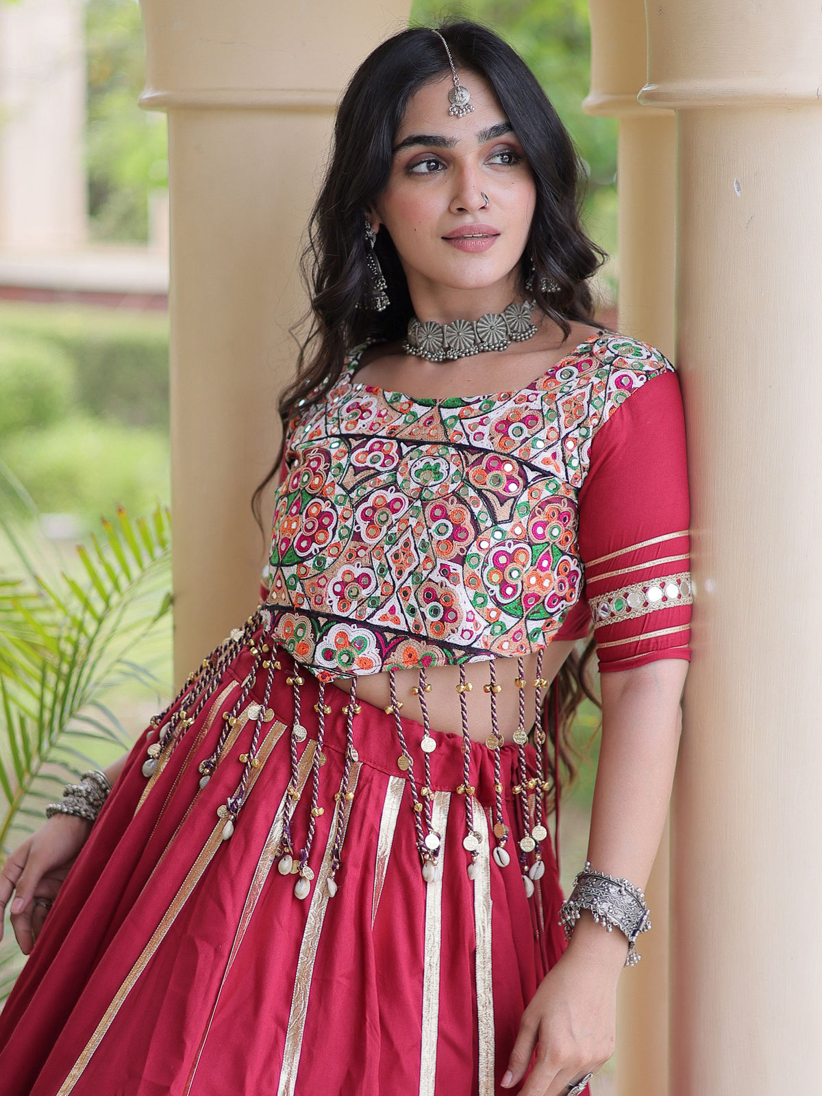 Glowing Maroon Gamthi Embroidered Rayon Navratri Wear Lehenga Choli