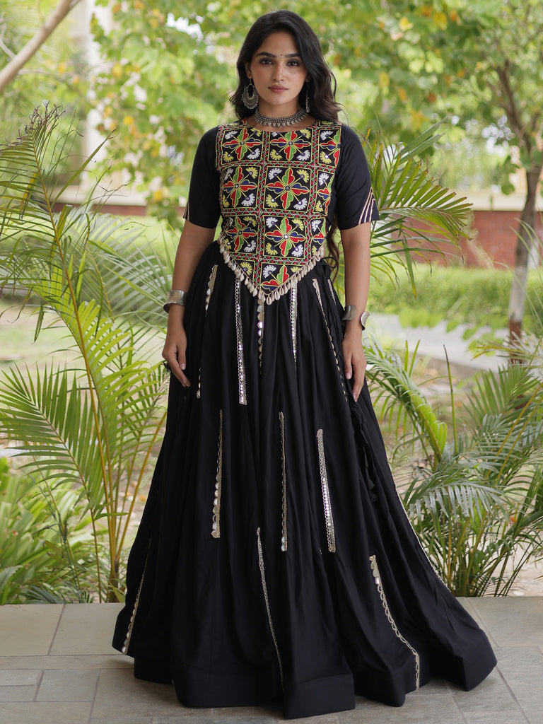 Exceptional Black Multi Thread Work Rayon Navratri Wear Lehenga Choli