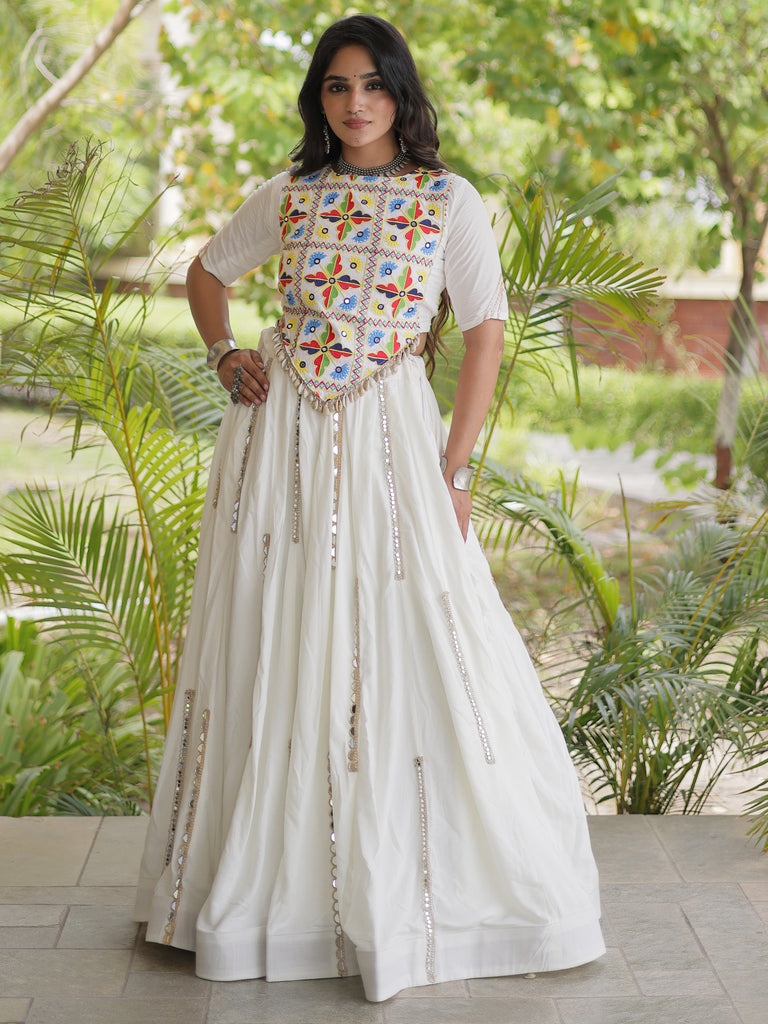 Incredible White Mirror Laced Rayon Navratri Special Lehenga Choli
