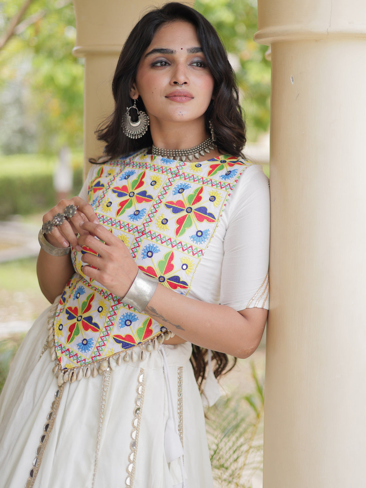 Incredible White Mirror Laced Rayon Navratri Special Lehenga Choli