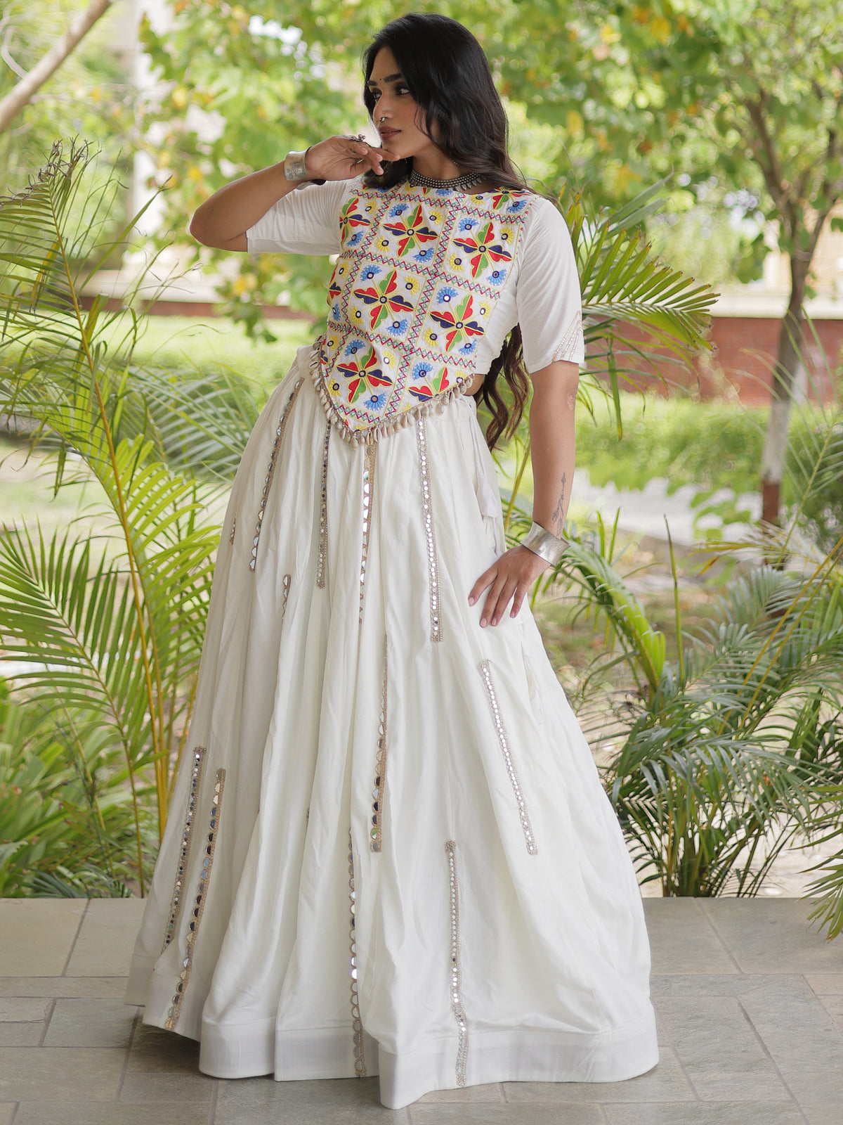 Incredible White Mirror Laced Rayon Navratri Special Lehenga Choli