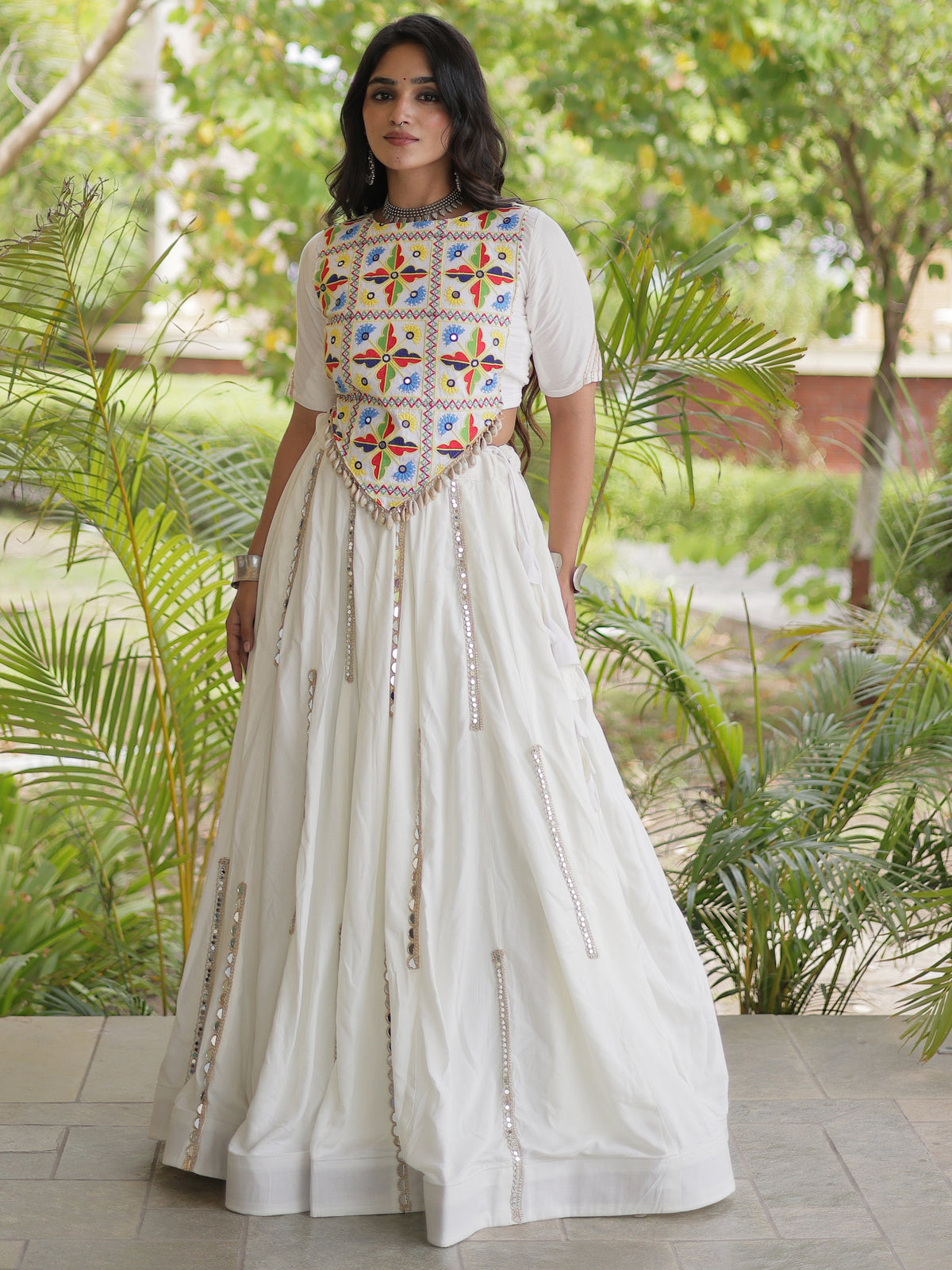 Incredible White Mirror Laced Rayon Navratri Special Lehenga Choli