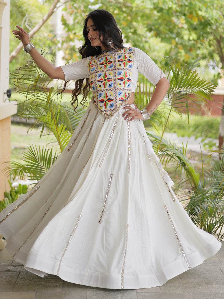 Incredible White Mirror Laced Rayon Navratri Special Lehenga Choli
