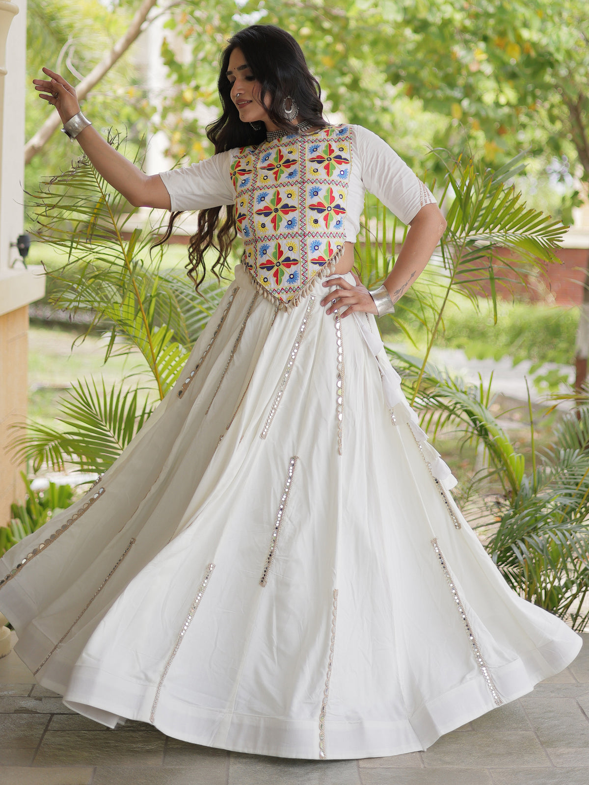Incredible White Mirror Laced Rayon Navratri Special Lehenga Choli