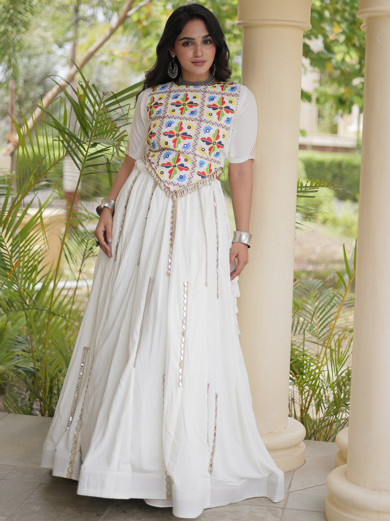Incredible White Mirror Laced Rayon Navratri Special Lehenga Choli