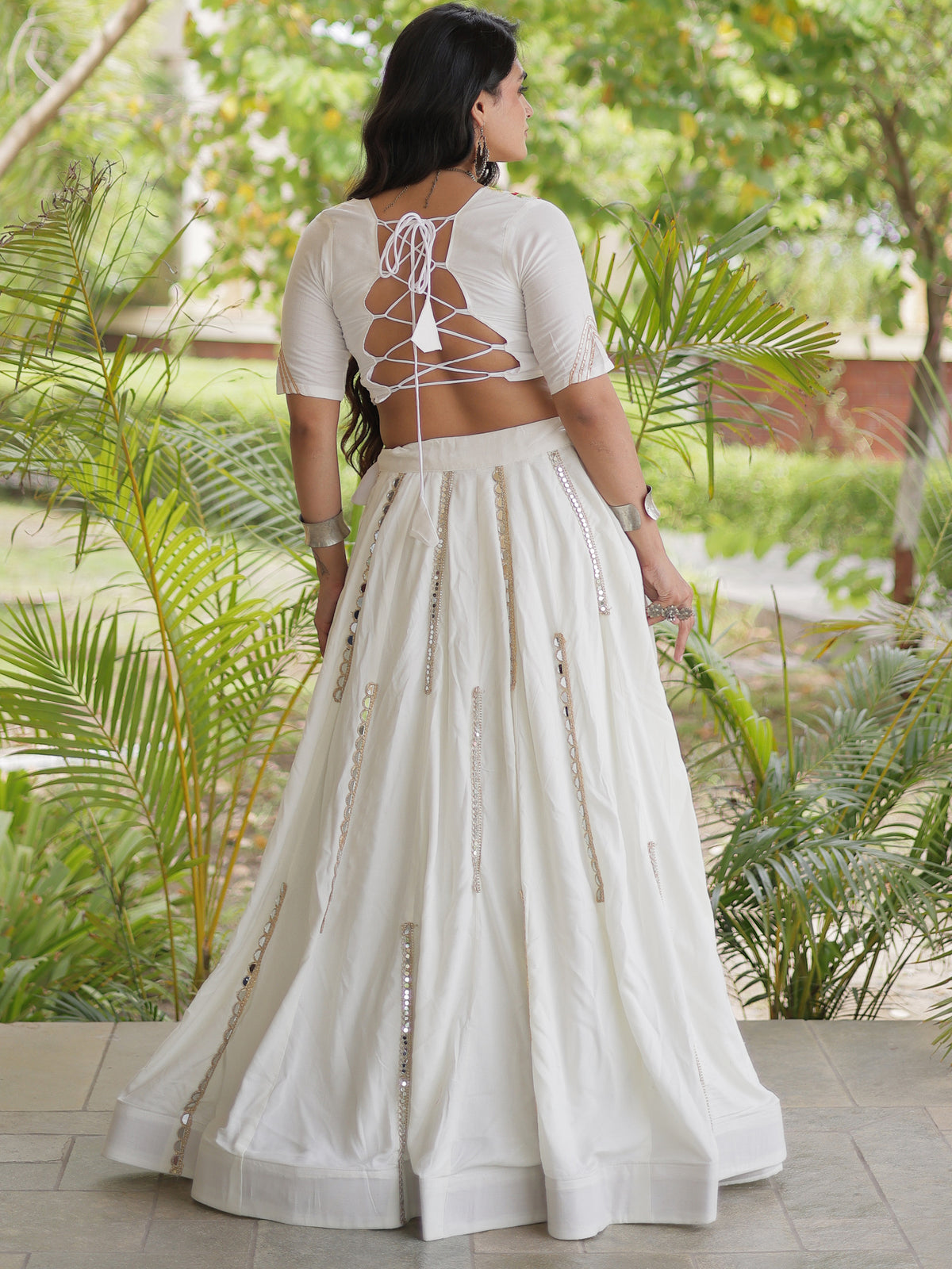 Incredible White Mirror Laced Rayon Navratri Special Lehenga Choli